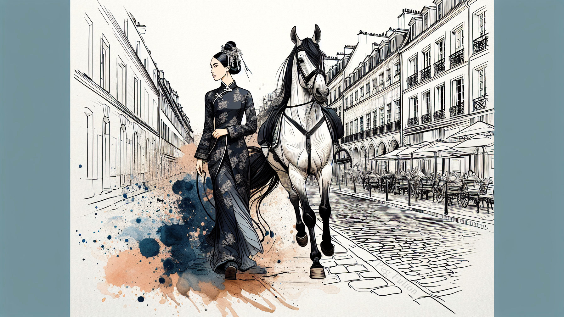 Elegant woman with horse in vibrant city setting