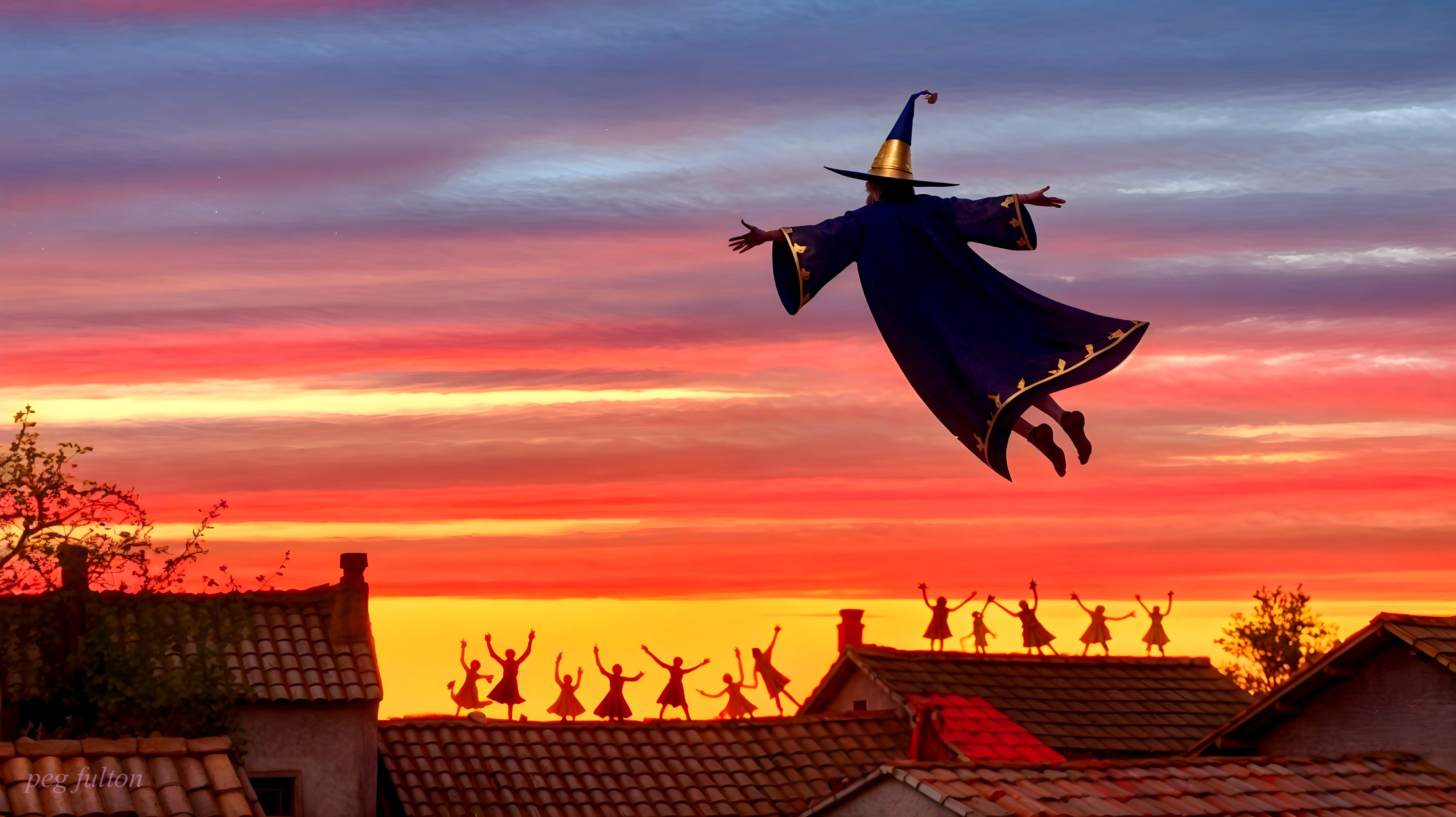 Wizard Flying in Sunset Sky with Dancing Silhouettes