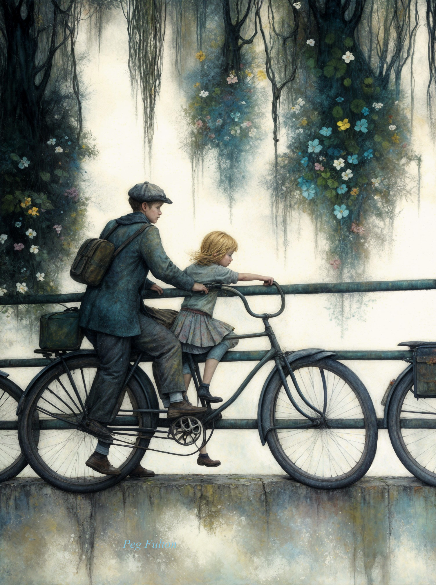 Young Girl and Young Man on Bicycle in Dreamy Setting