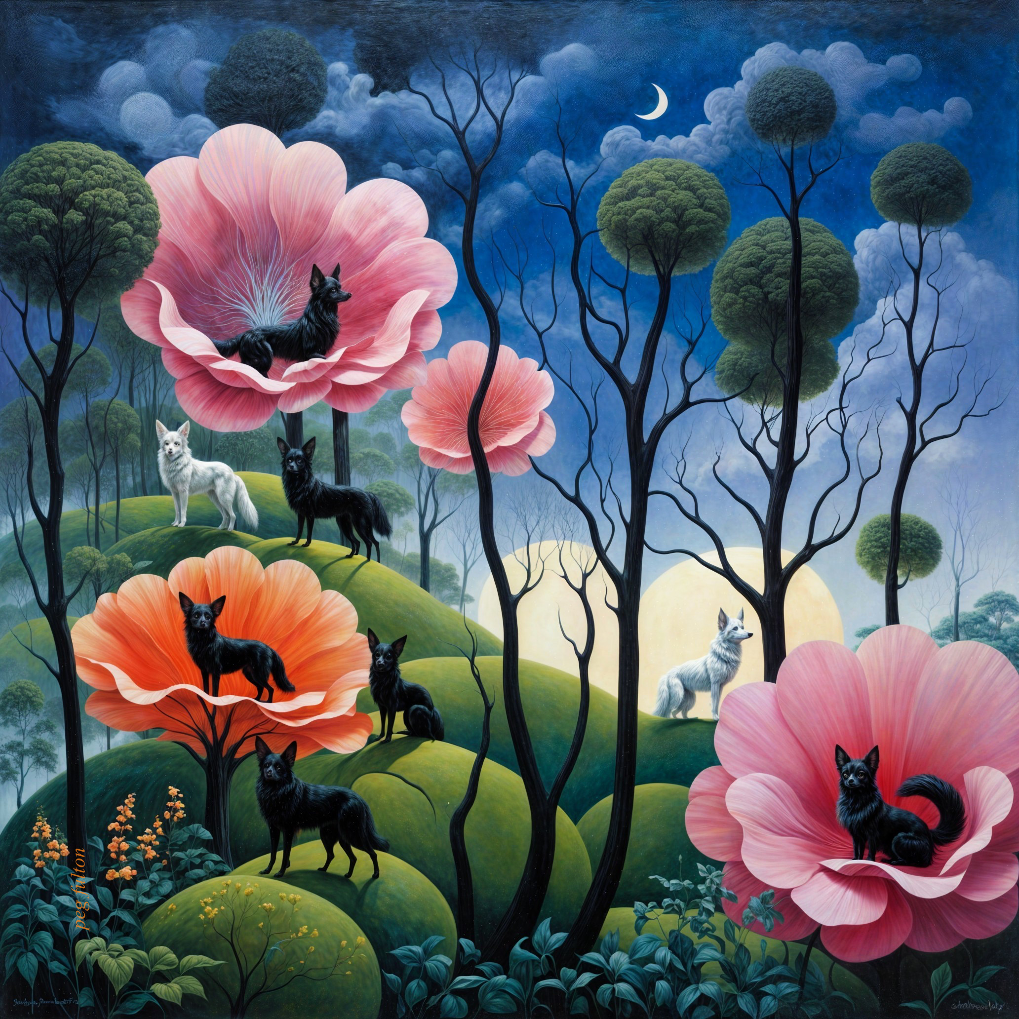 Whimsical Landscape with Wolves and Pink Flowers