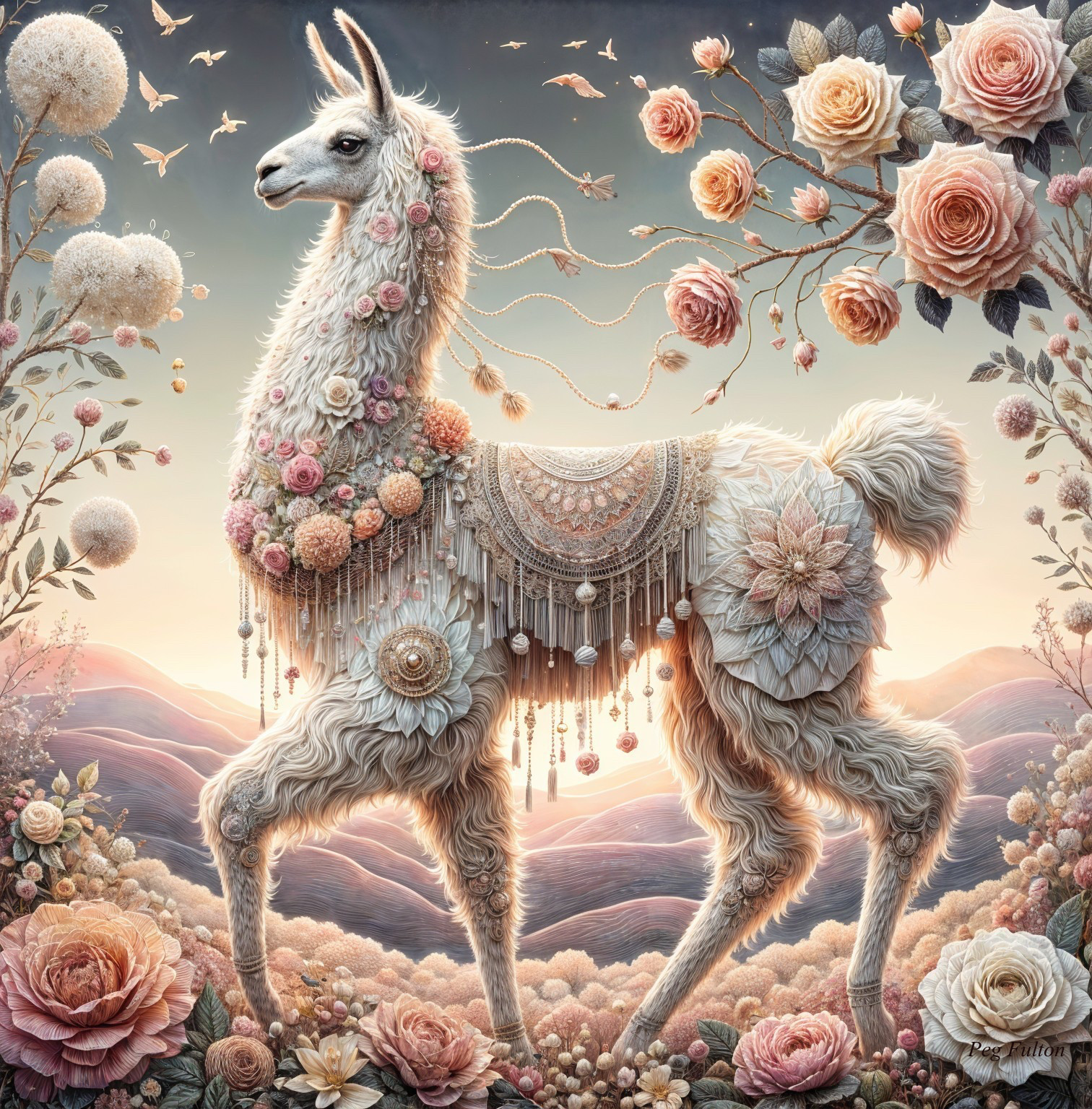 Whimsical Llama-like Creature in Dreamy Landscape