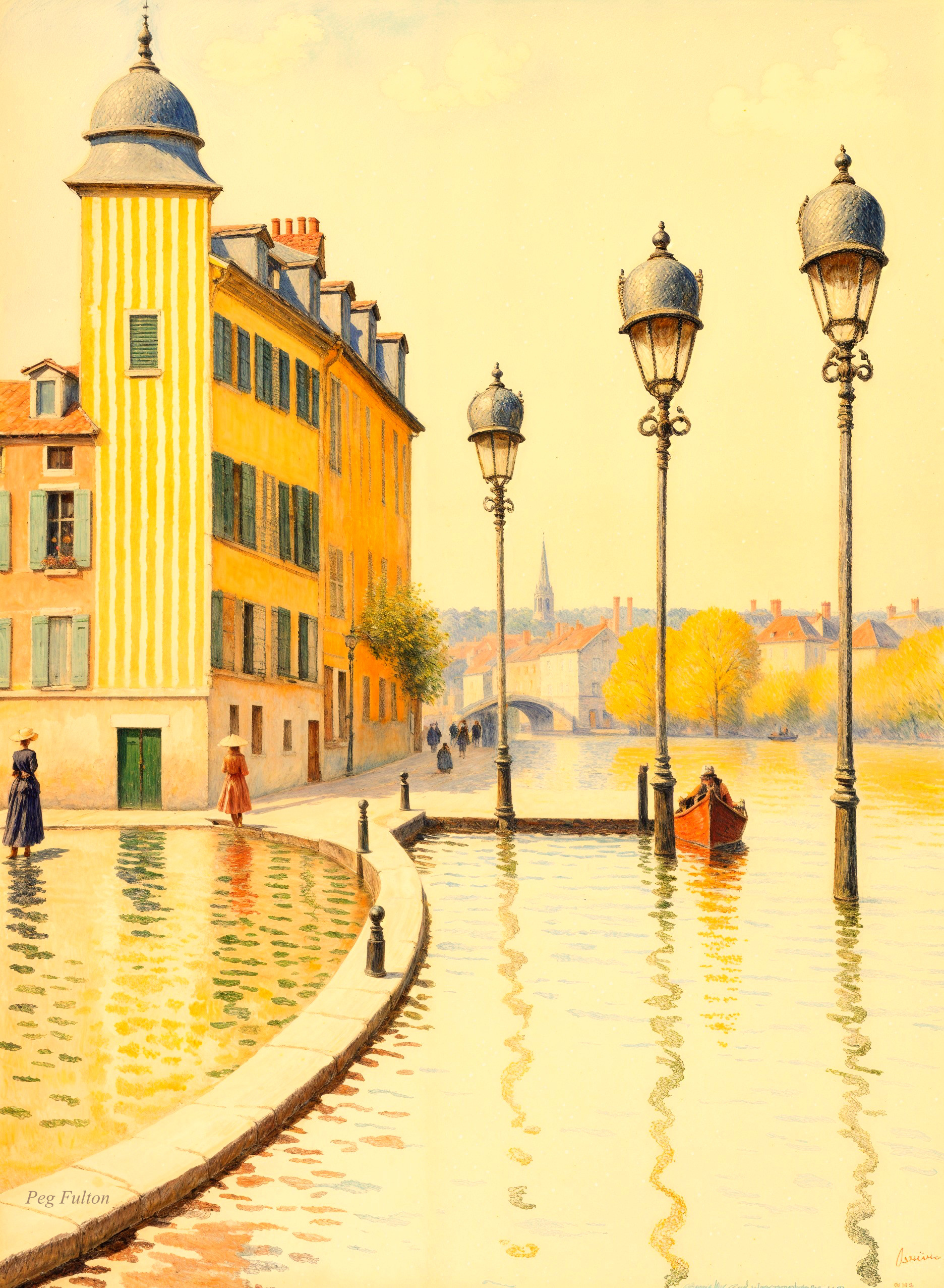 Serene Waterway with Charming Buildings and Strolling Figures