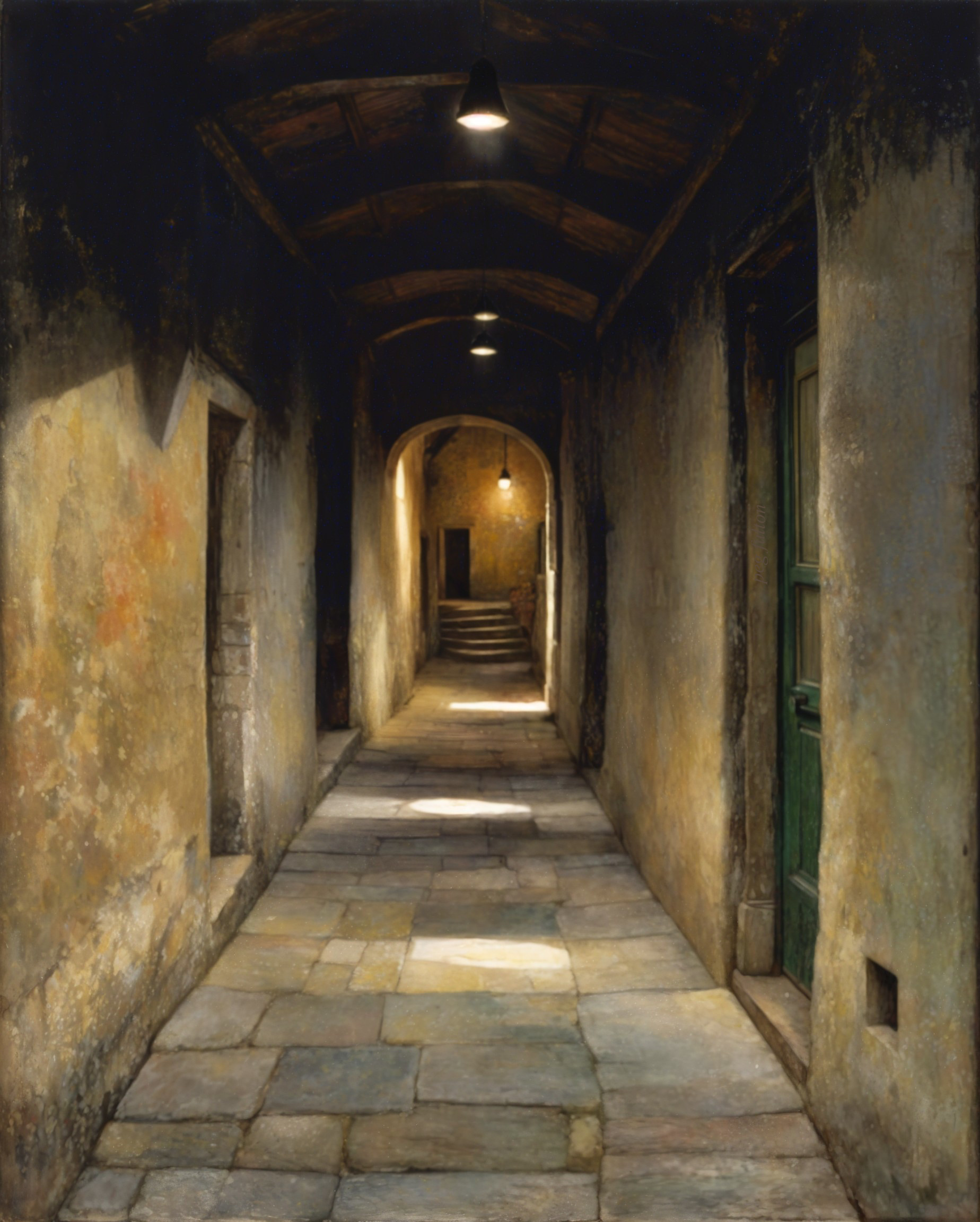 Narrow Corridor with Stone Walls and Green Door