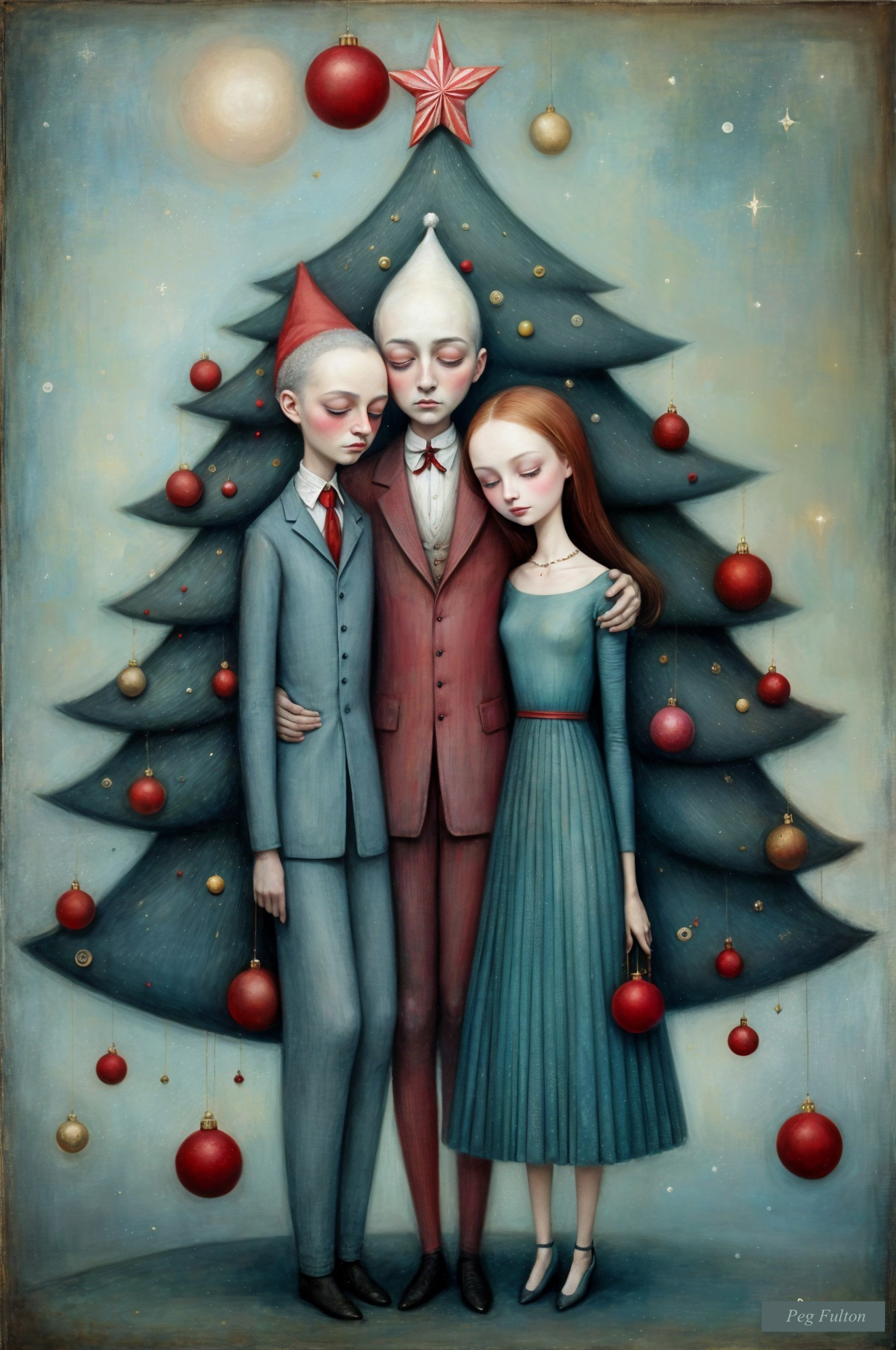 Three Figures by a Christmas Tree with Ornaments