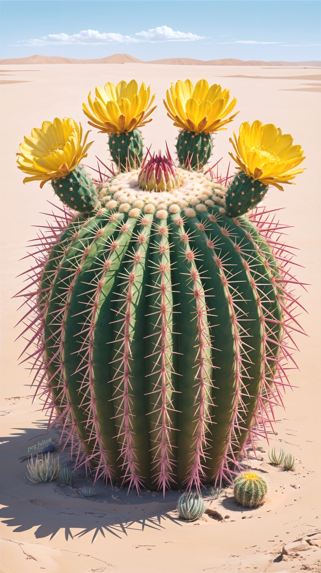 Vibrant Cactus in Sandy Desert Landscape with Flowers