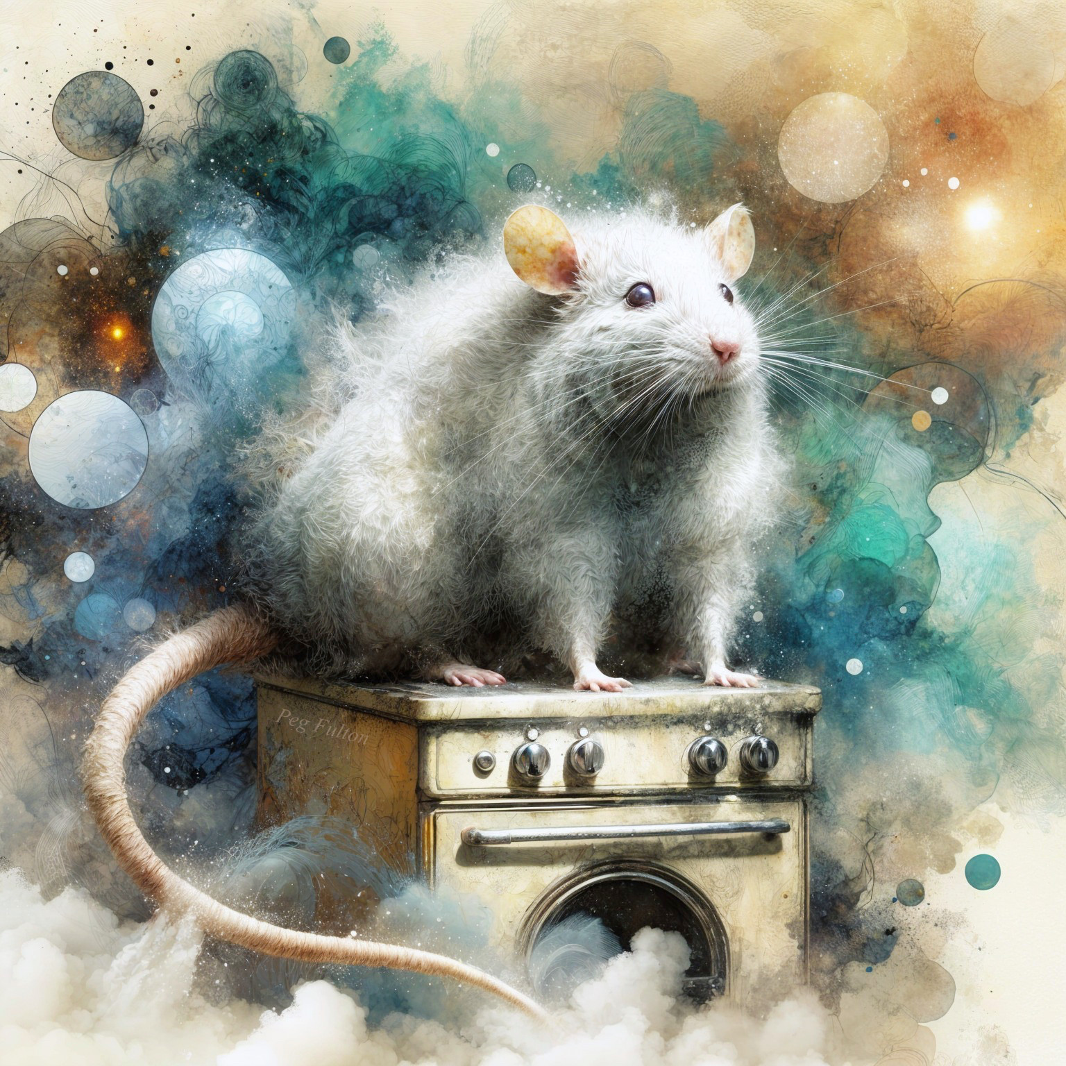 Fluffy White Rat on Vintage Washing Machine Illustration