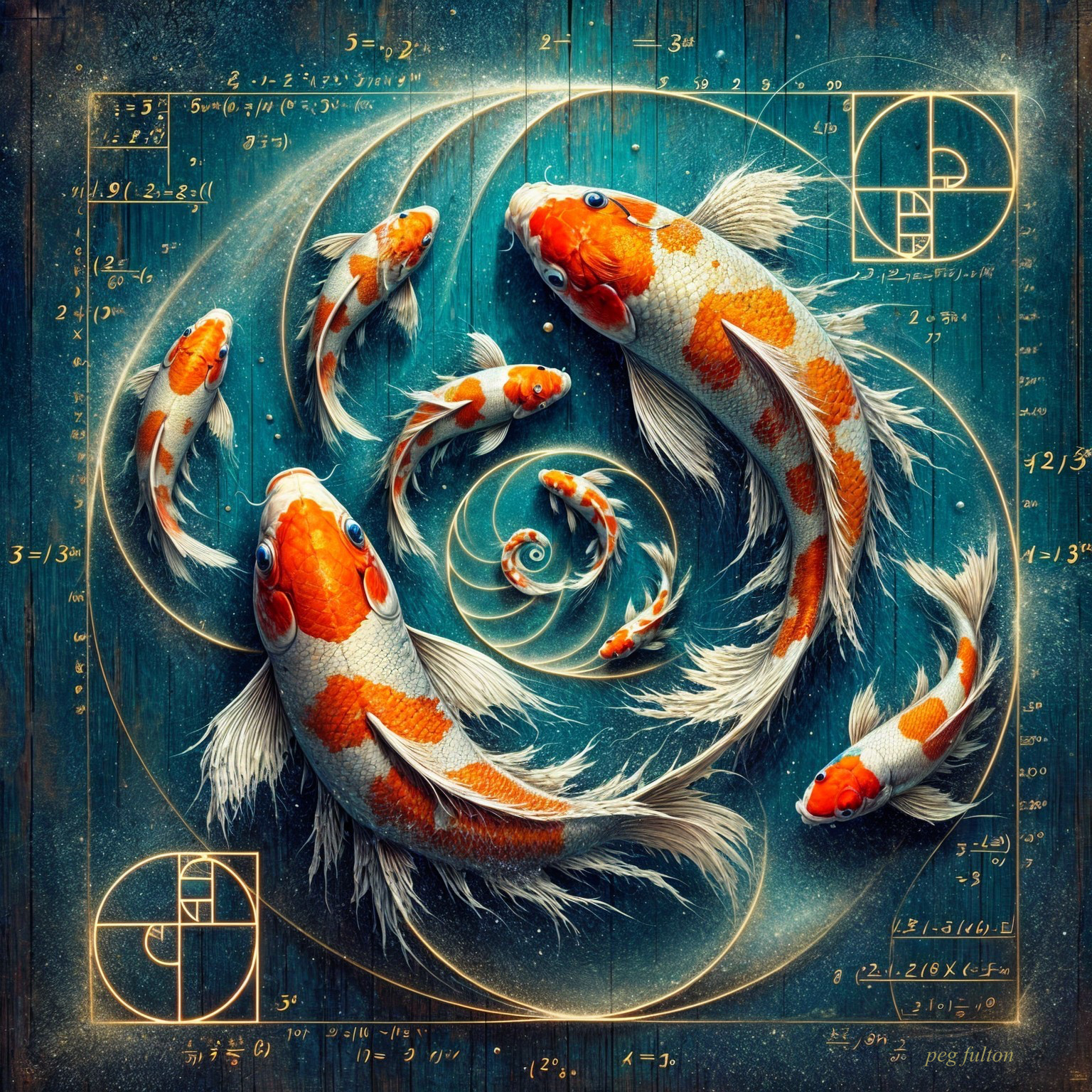 Surreal Koi Fish in Fibonacci Spiral on Blue Background
