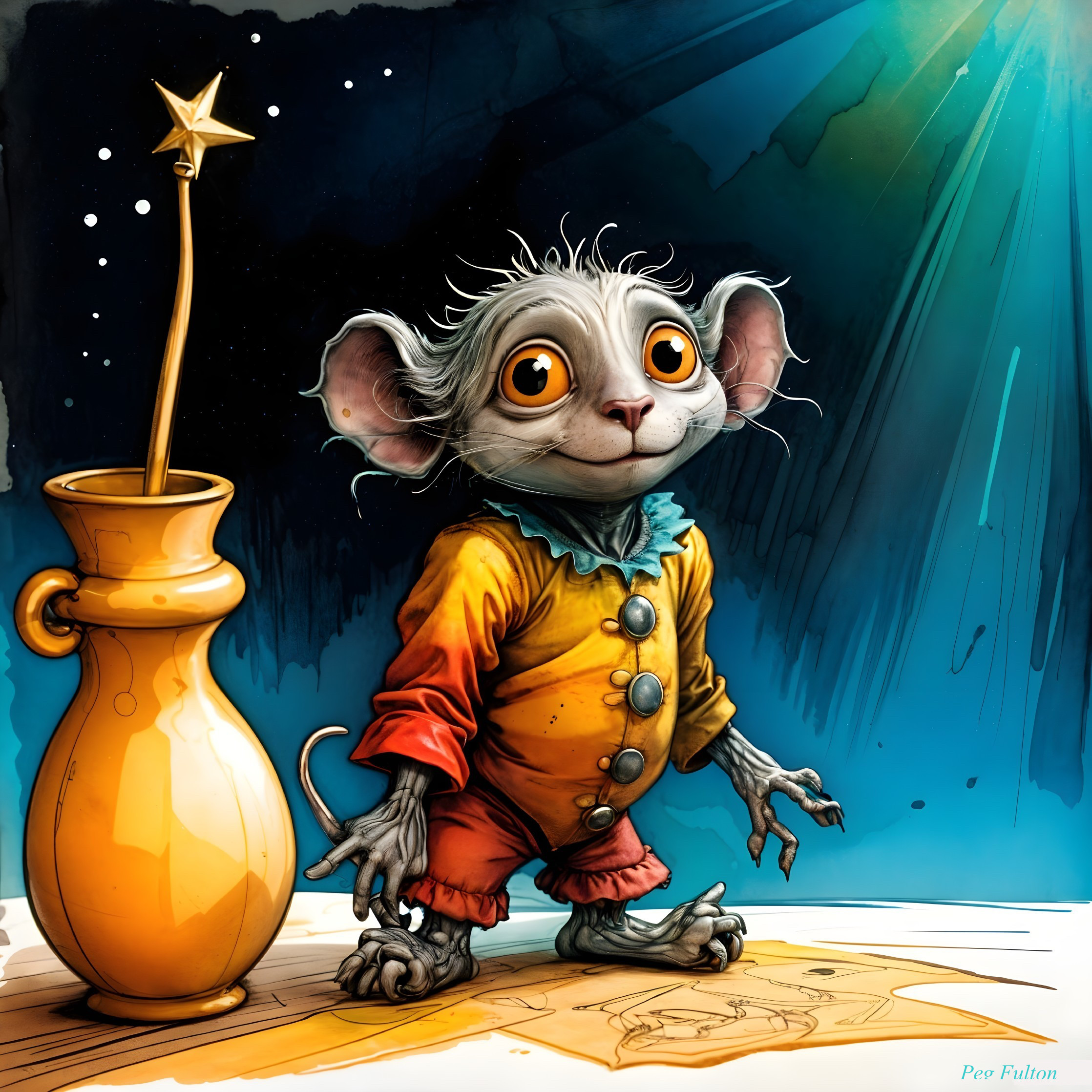 Whimsical Character with Colorful Clothing and Starry Background