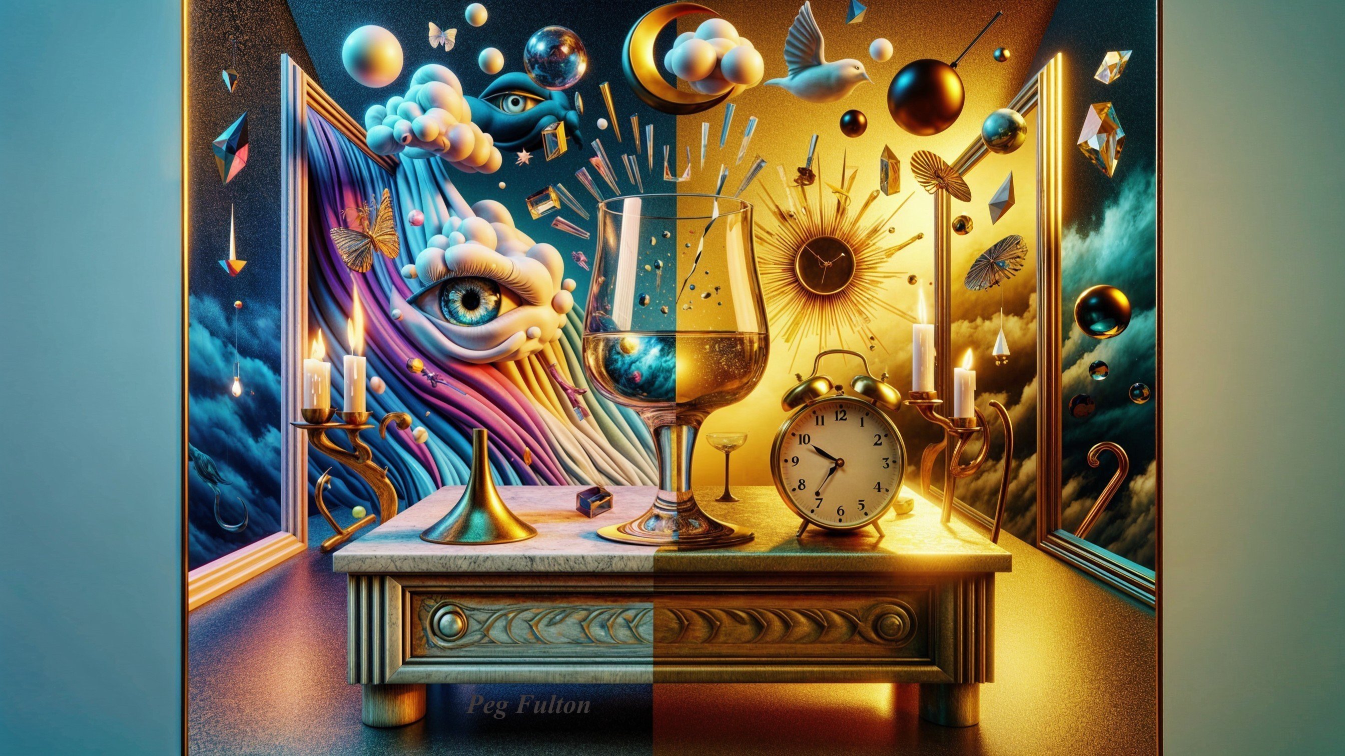 Surreal Still Life with Ornate Table and Whimsical Objects