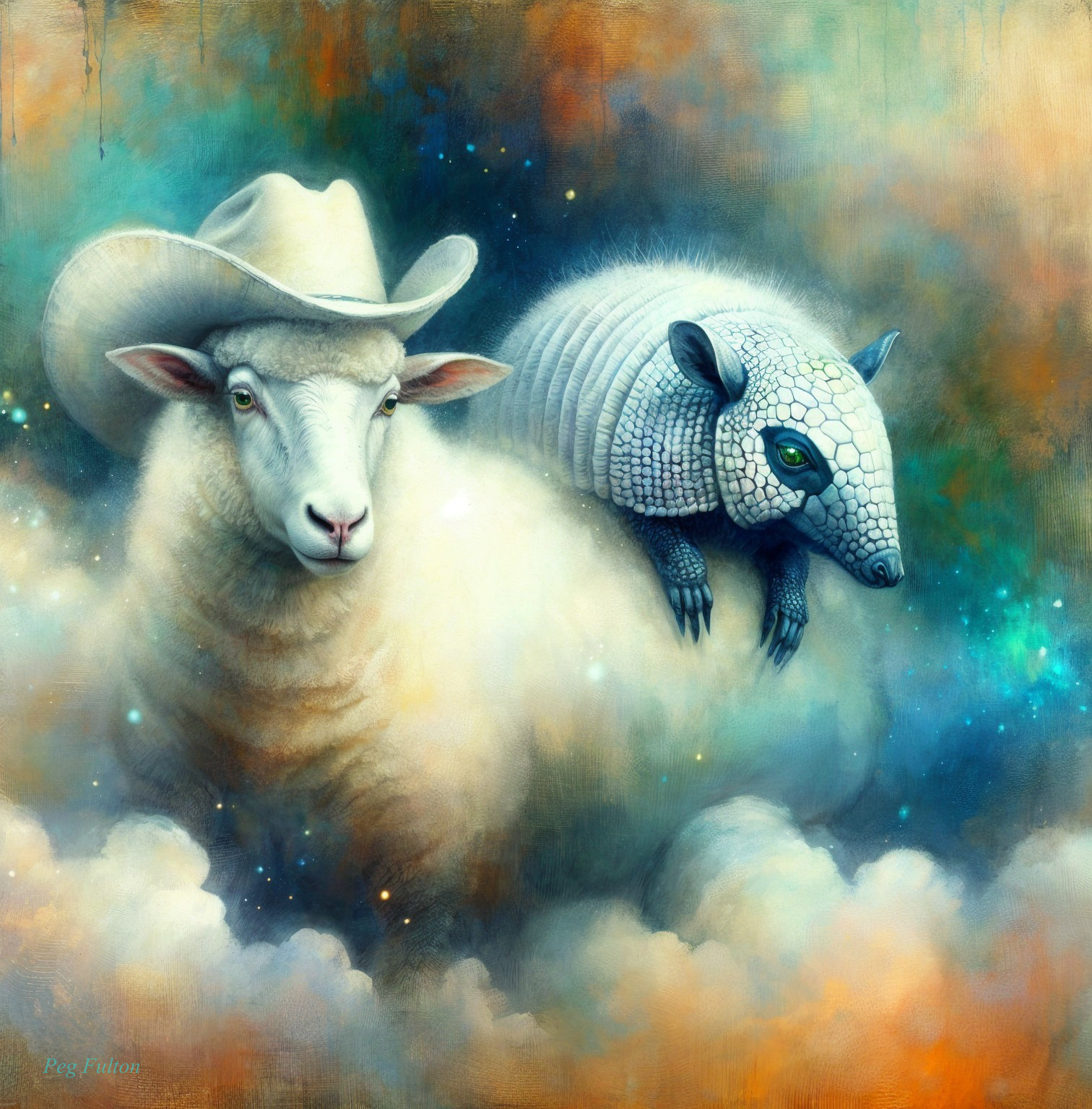 Whimsical Sheep with Cowboy Hat and Armadillo Illustration