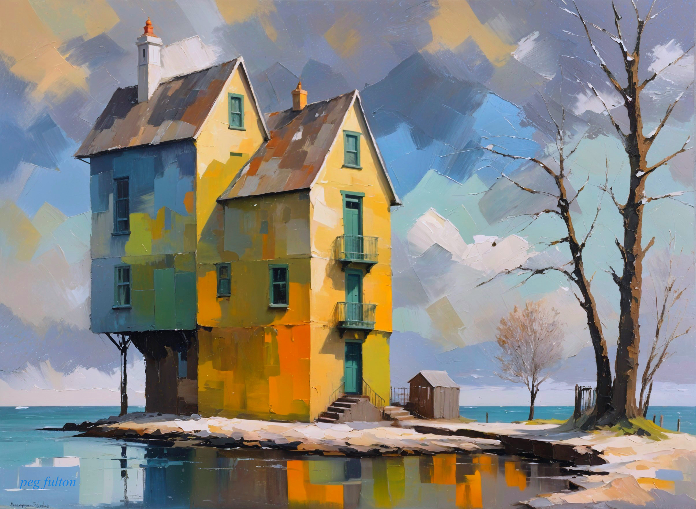Whimsical House Above Water with Pastel Skies