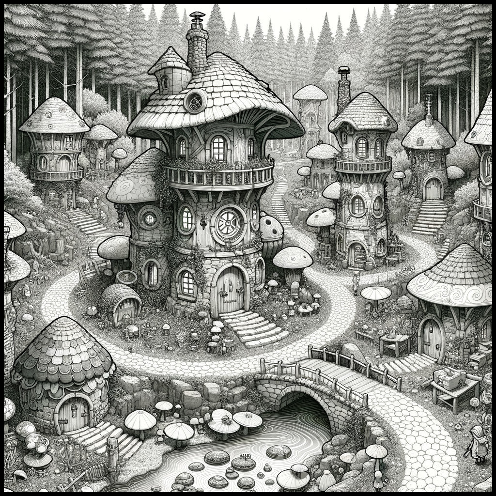 Whimsical Village with Mushroom Houses in Forest Illustration