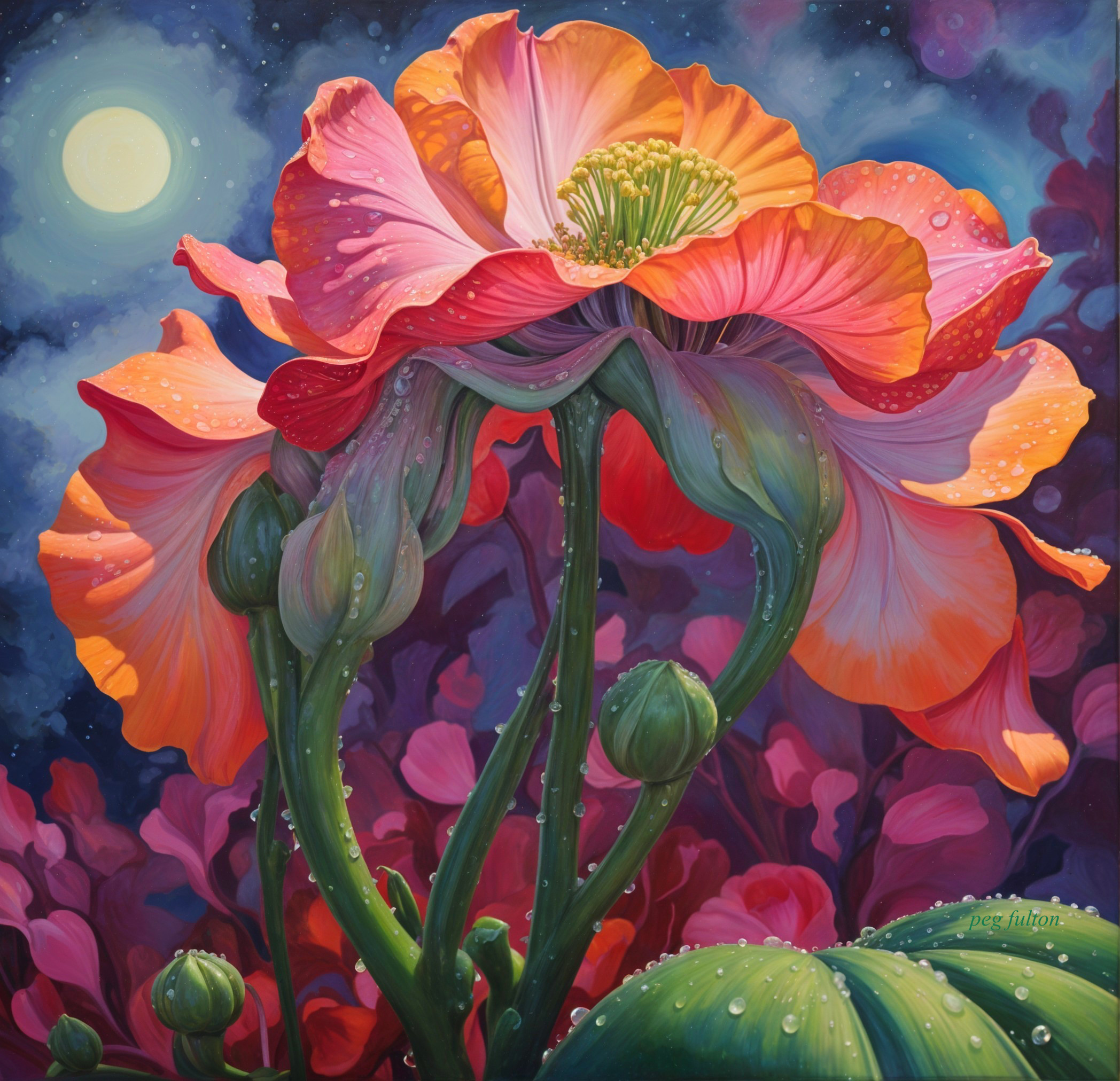 Vibrant Flower Against Dreamy Night Sky with Moon