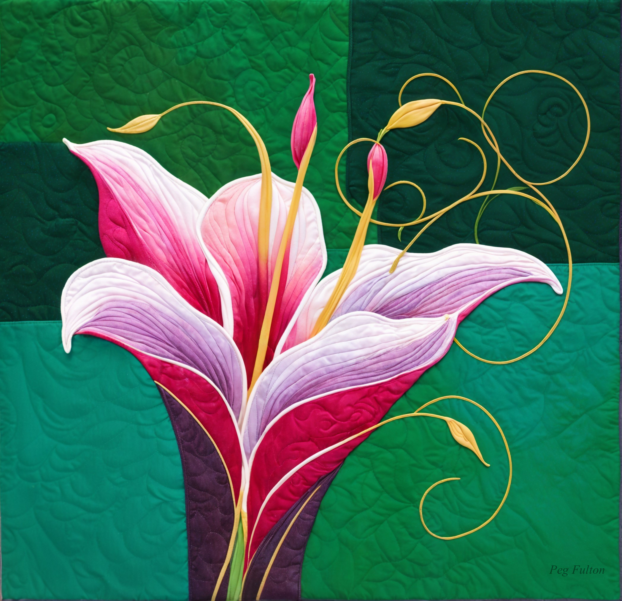 Vibrant quilt design featuring a pink lily on green