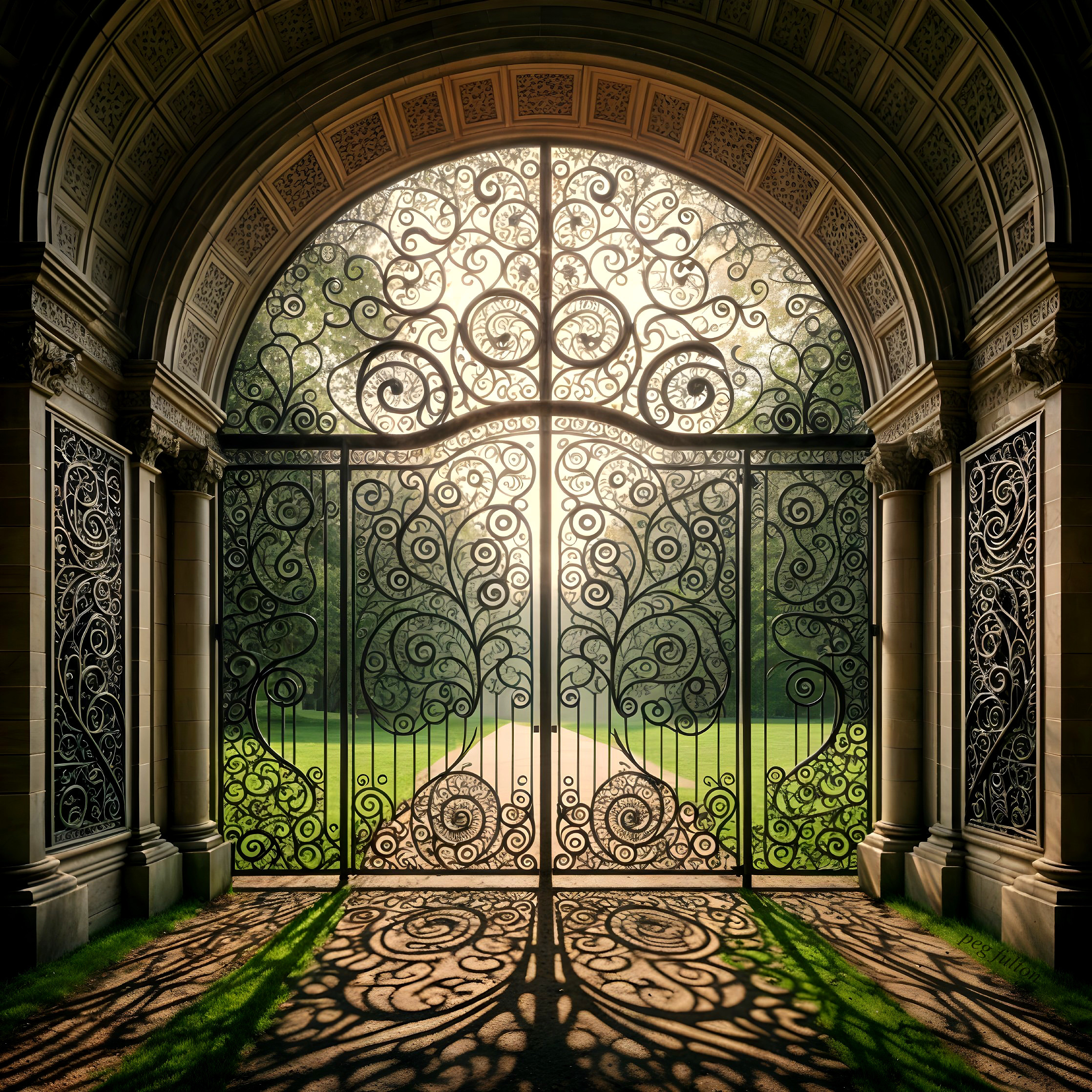Ornate Wrought Iron Gate with Intricate Designs
