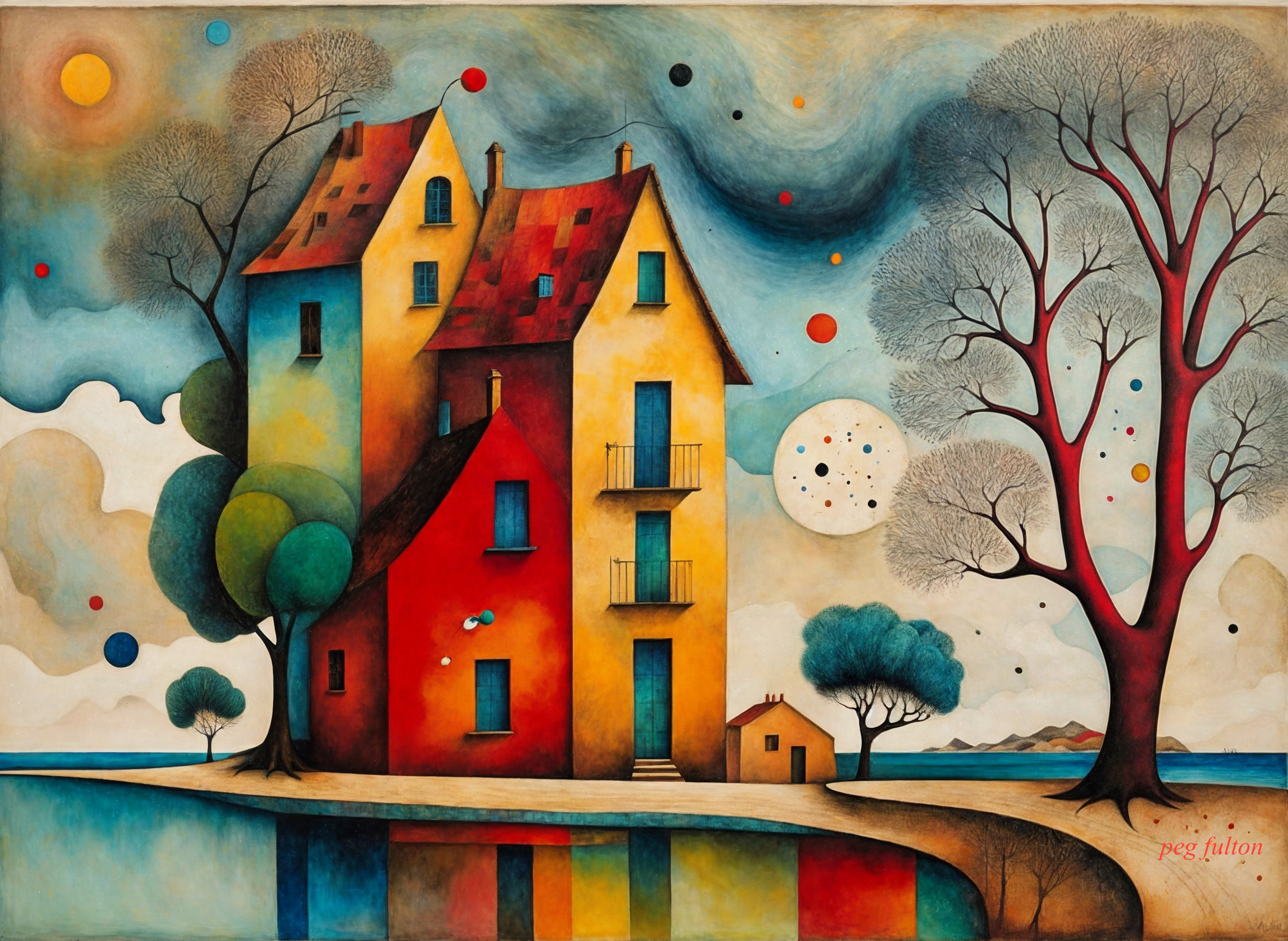 Colorful Whimsical Landscape with Vibrant House