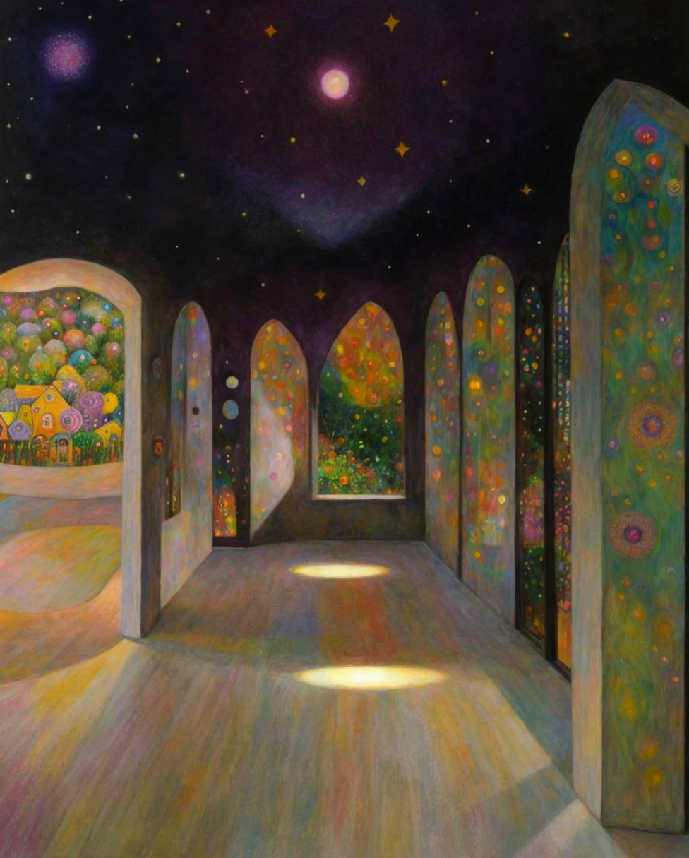Colorful painting of indoor space with open arched doors leading to star-filled skies and flower-speck