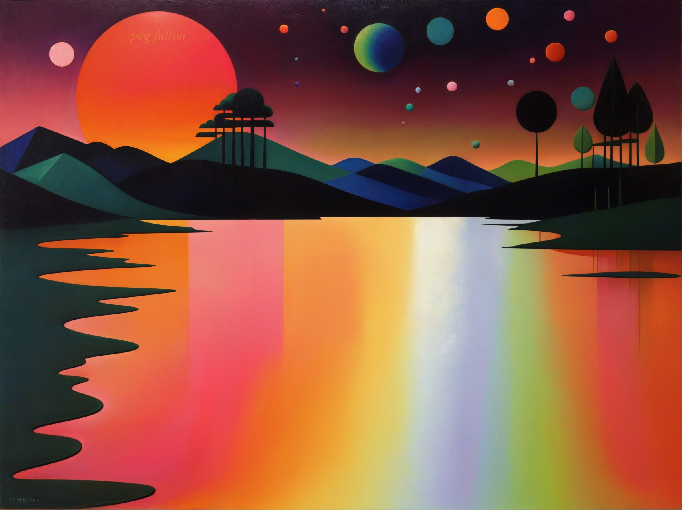 Surreal Landscape with Abstract Mountains and Sunset