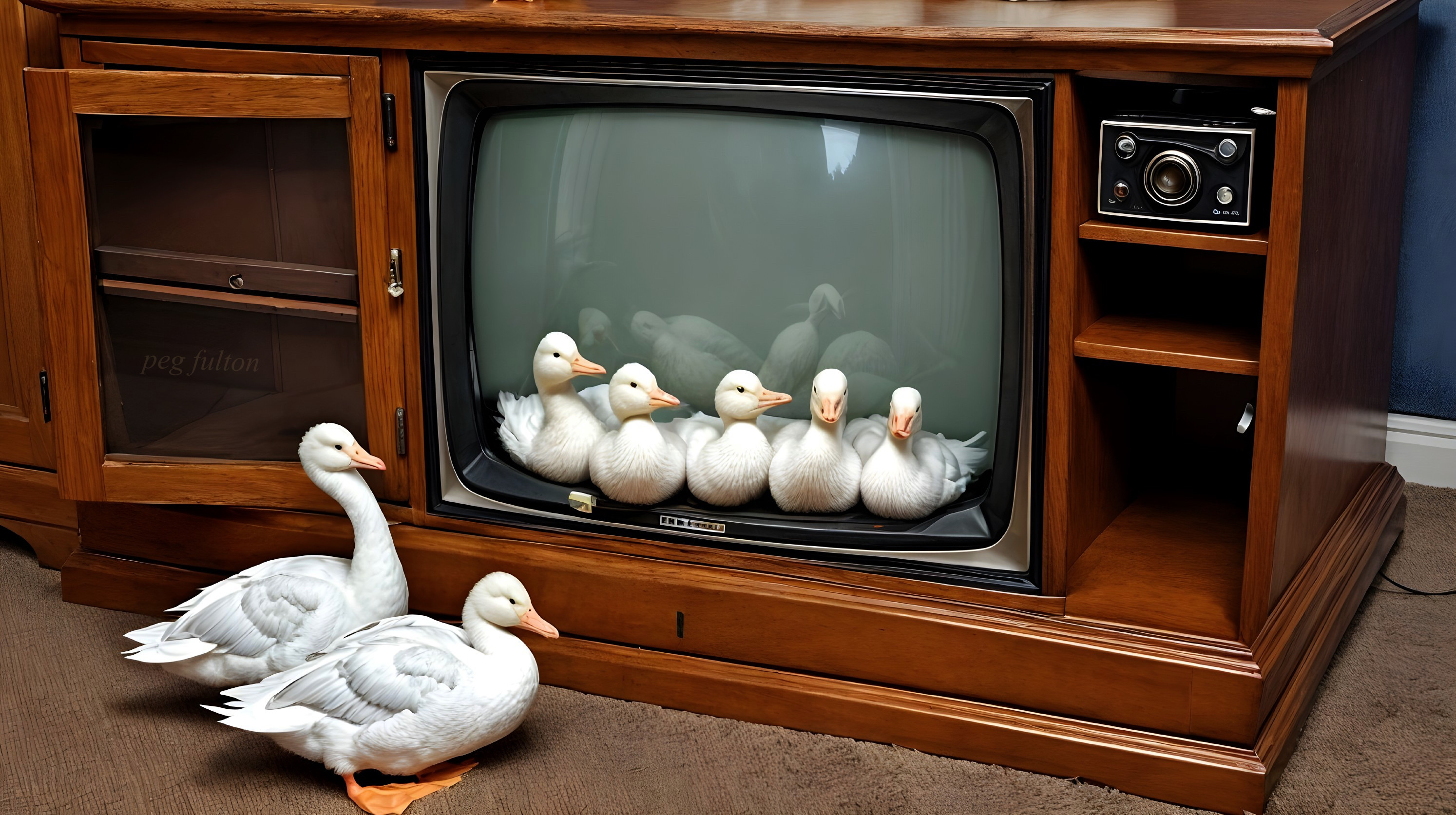 Vintage Wooden TV with Ducks Inside and Cozy Atmosphere