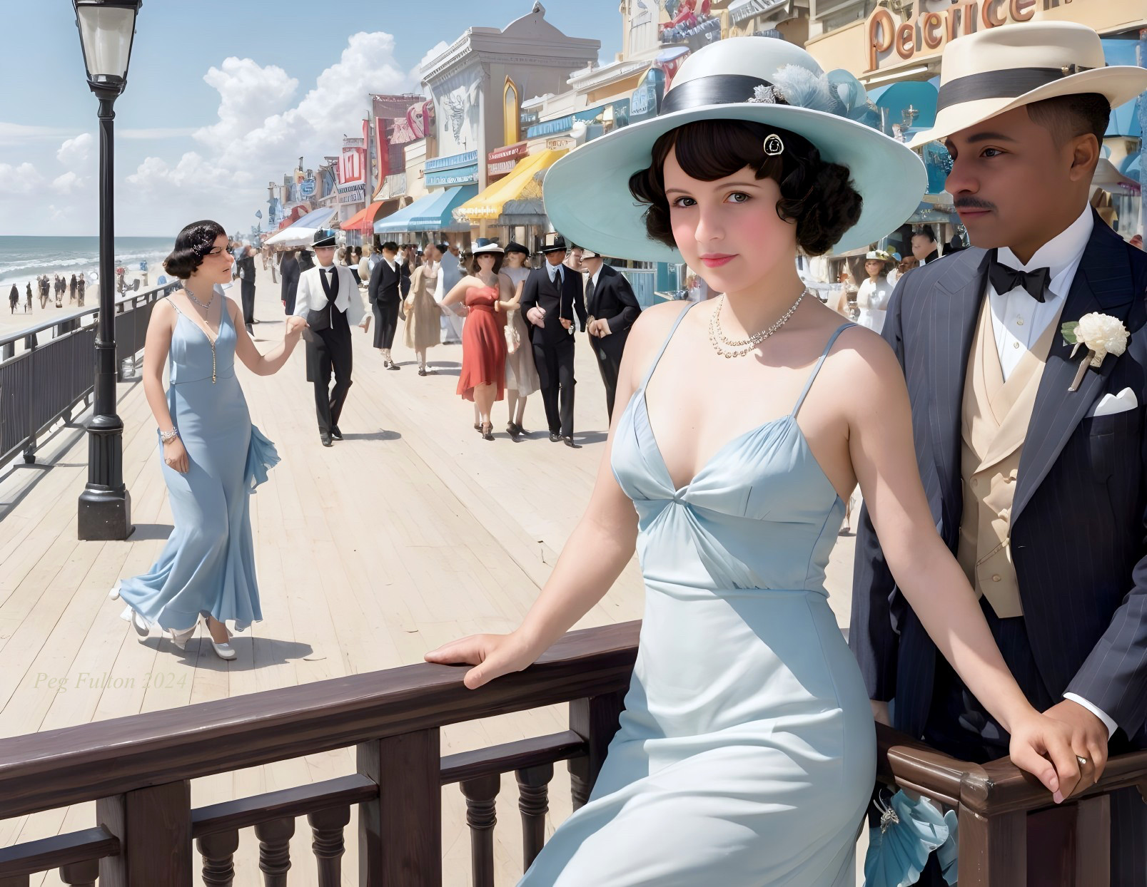 1920s Boardwalk Scene with Fashionable Strollers