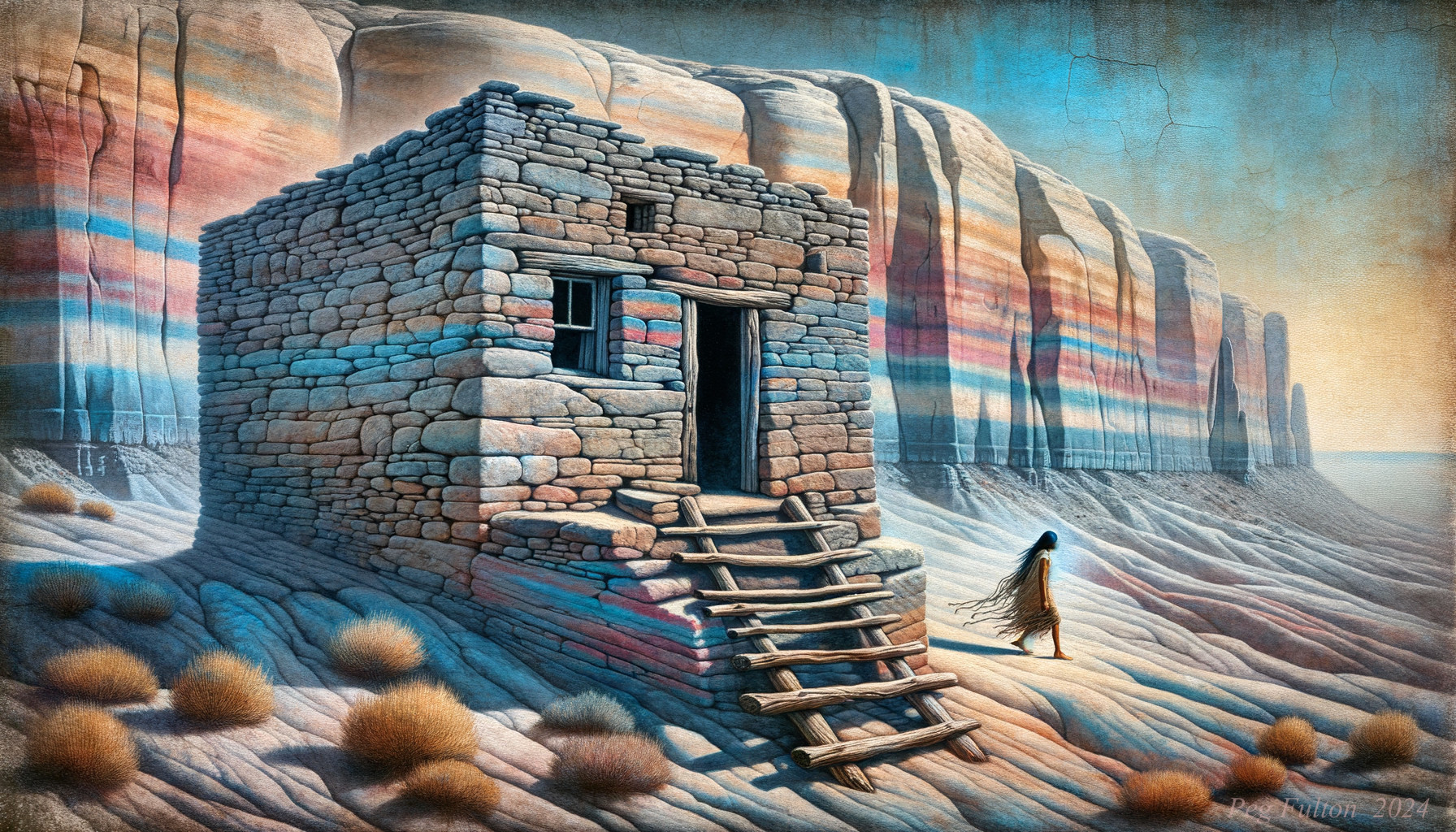 Solitary Stone Structure Amidst Layered Cliffs