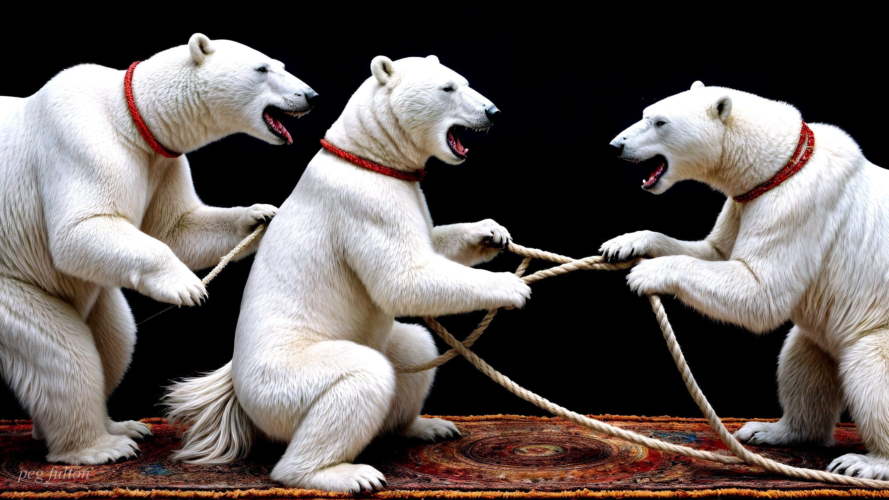 Lifelike Polar Bear Sculptures in Tug-of-War Scene