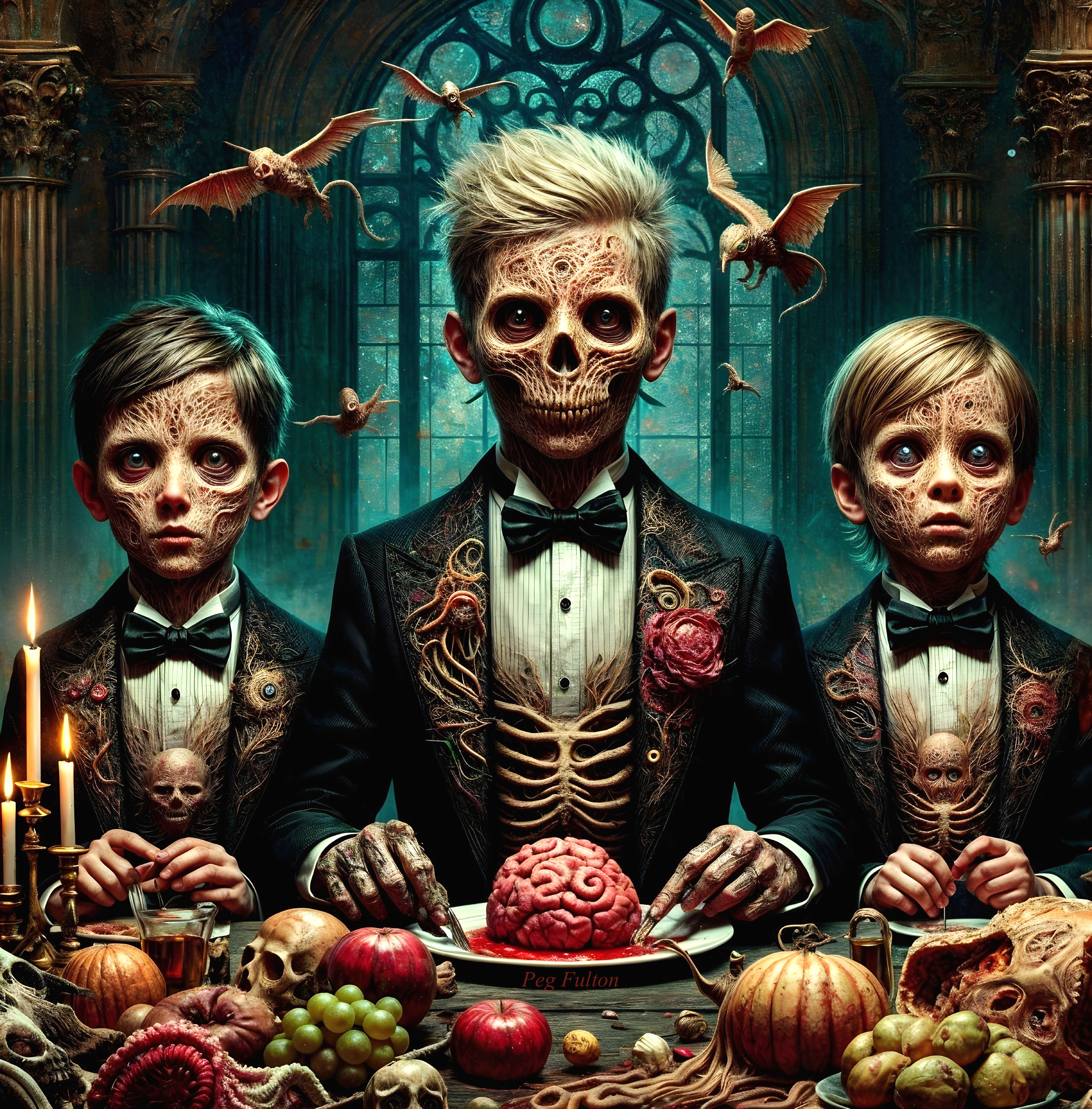 Gothic Scene of Eerie Children at a Macabre Feast