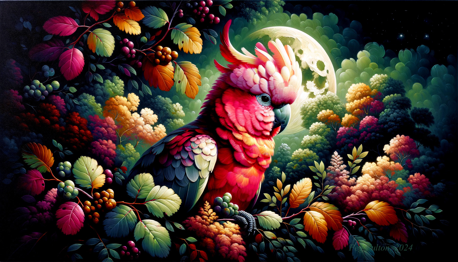 Vibrant Parrot in Lush Foliage Under Luminous Moon