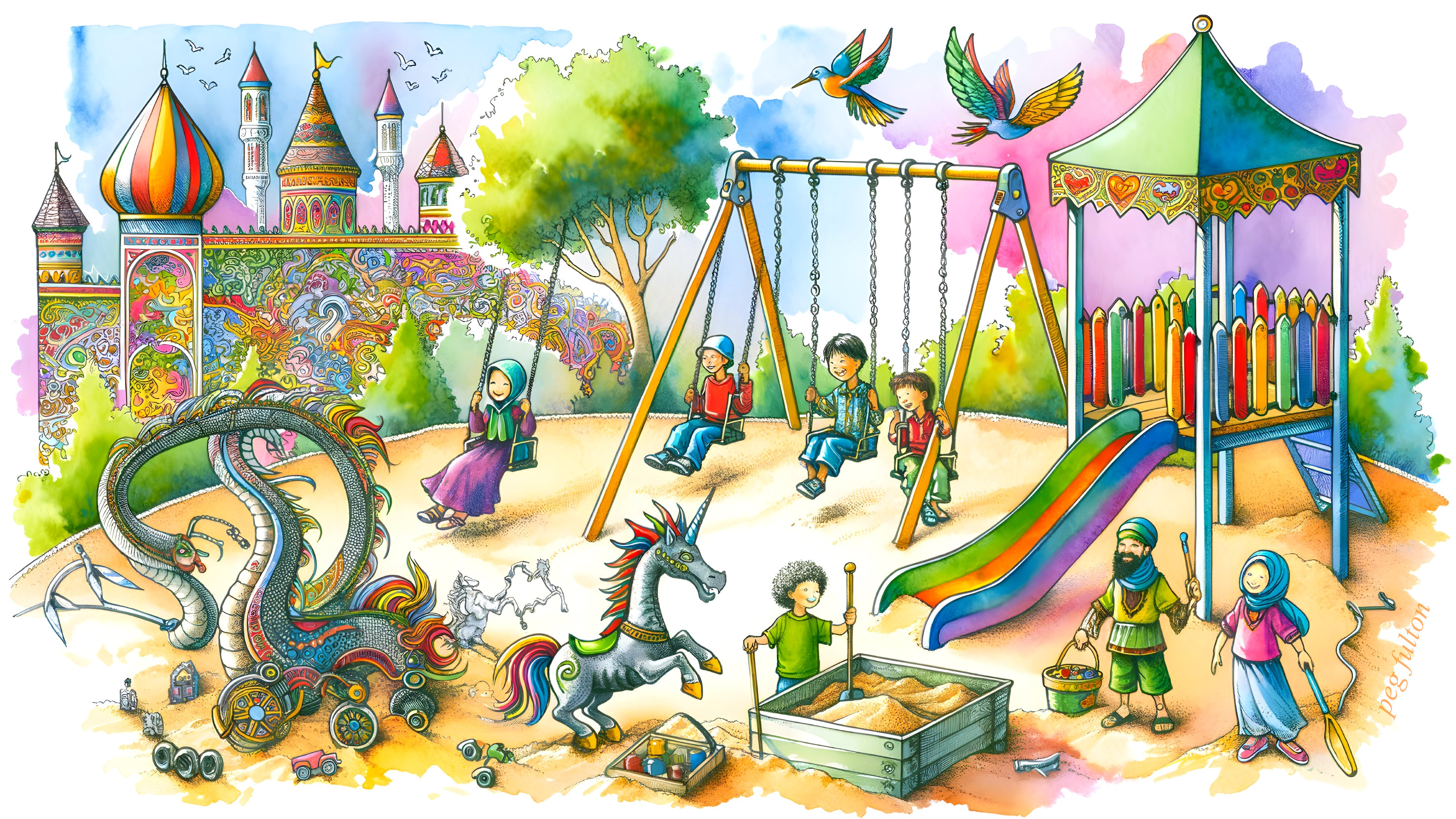 Vibrant Playground Scene with Fantasy Elements