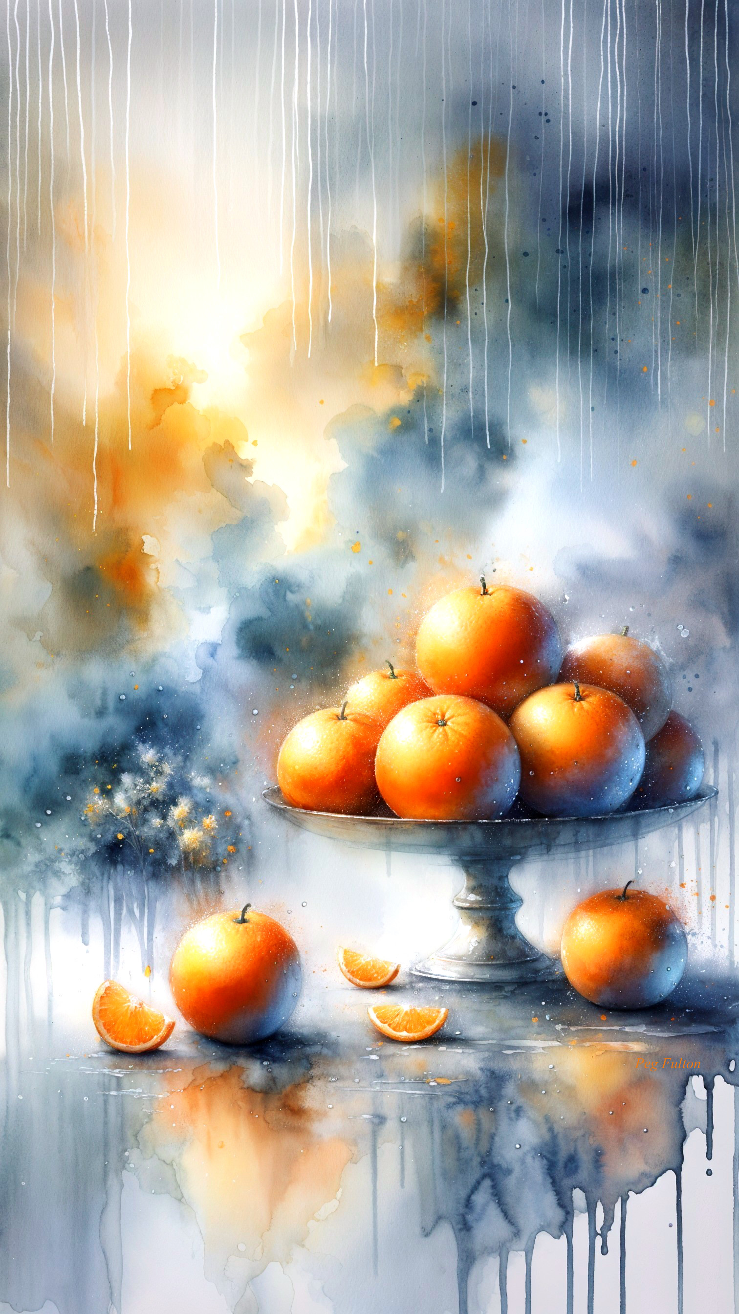 Watercolor Painting of Silver Platter with Oranges