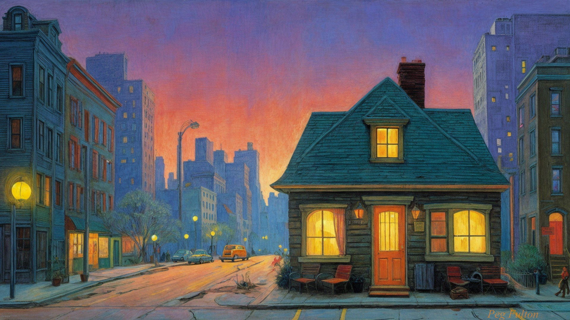 Twilight Cityscape with Cozy House and Urban Setting