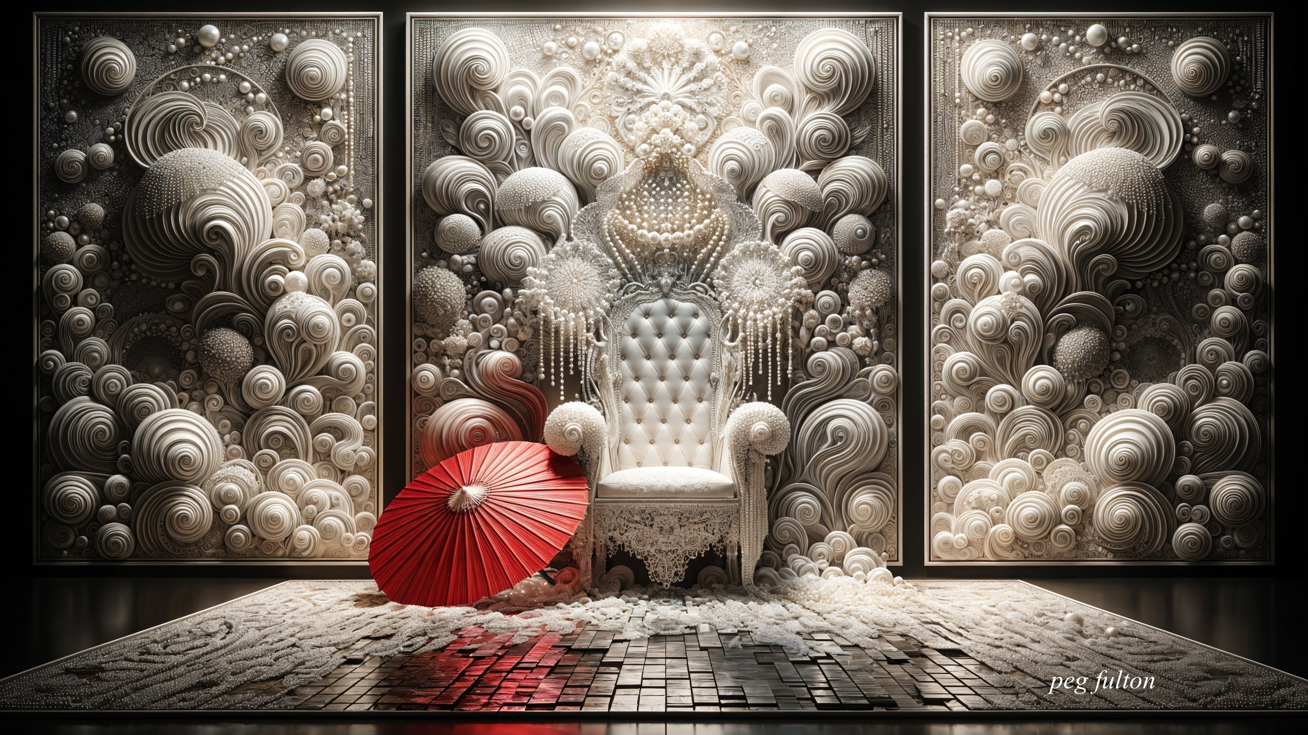 Elegant white chair with textured wall art backdrop