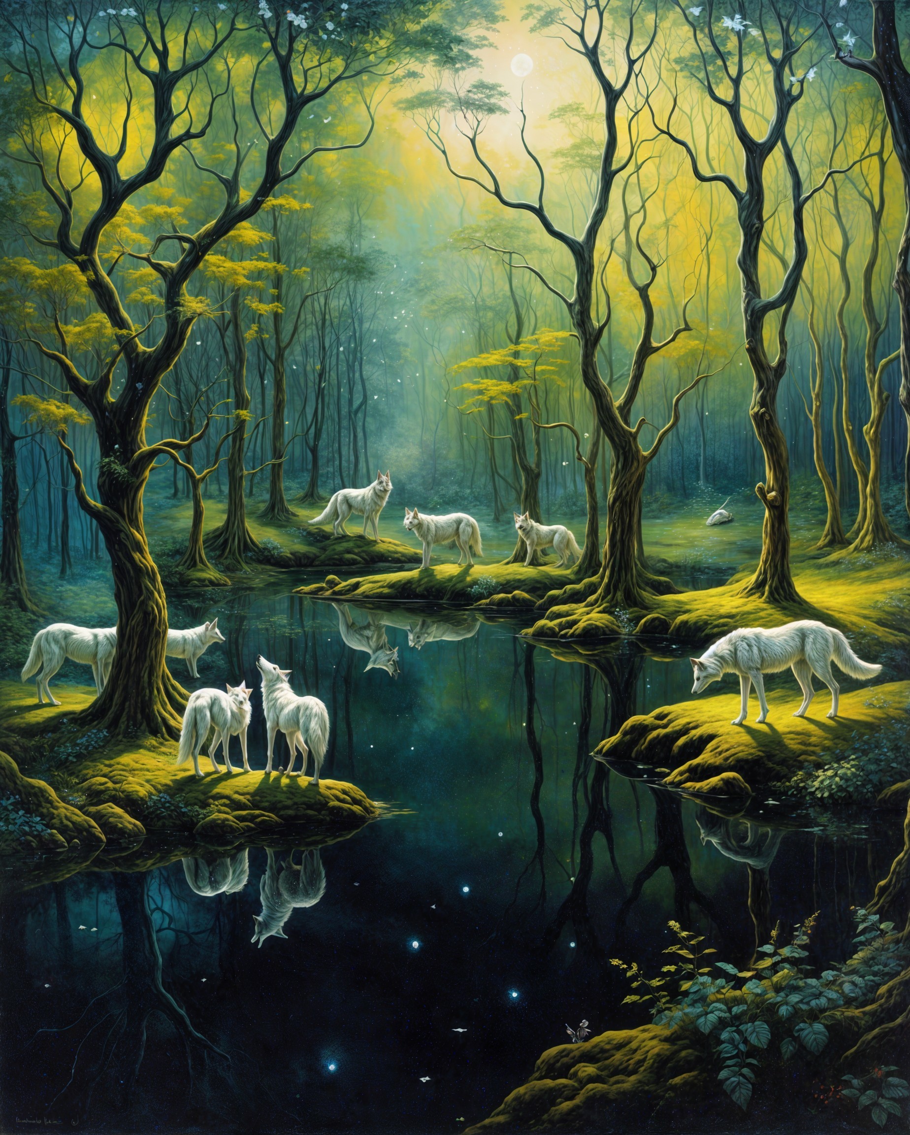 Gray Wolves by a Deep Green Pond in a Forest