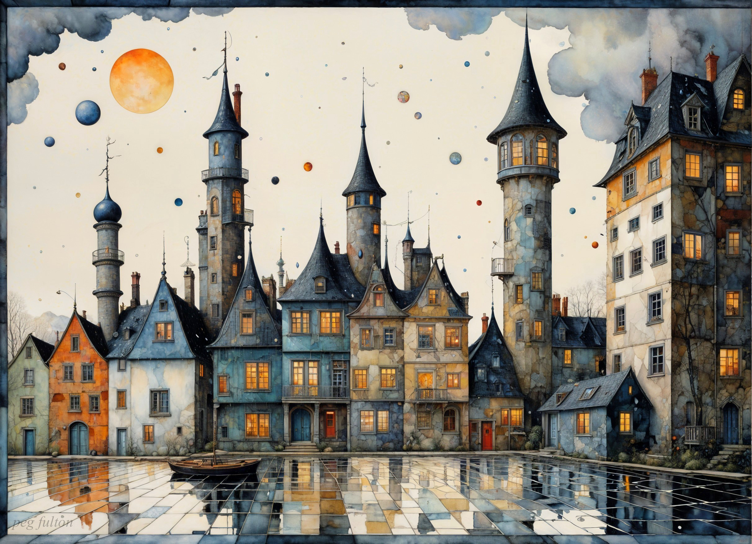 Whimsical Fairy-Tale Town with Turreted Buildings