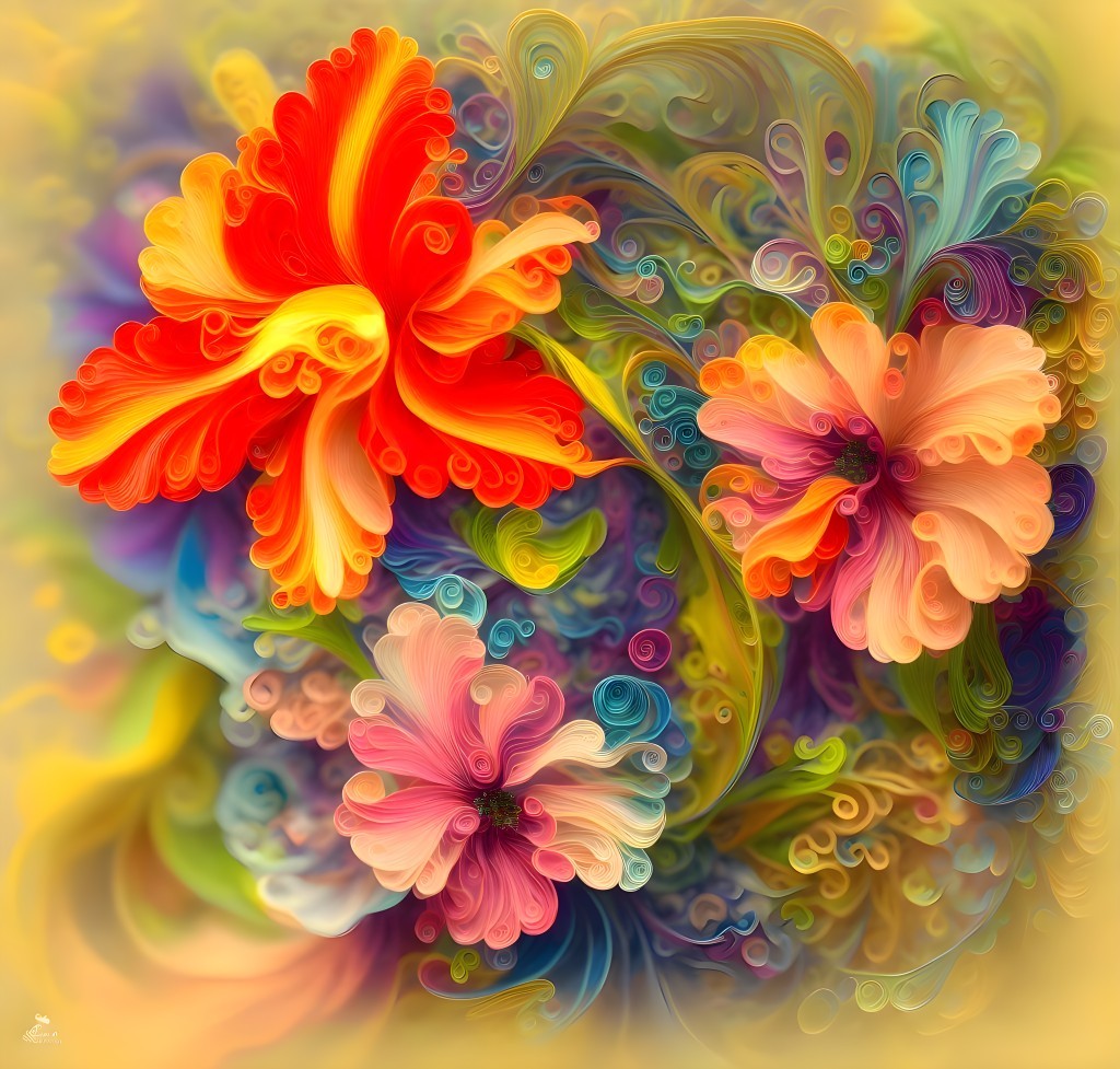 Colorful Stylized Flower Artwork with Swirling Patterns