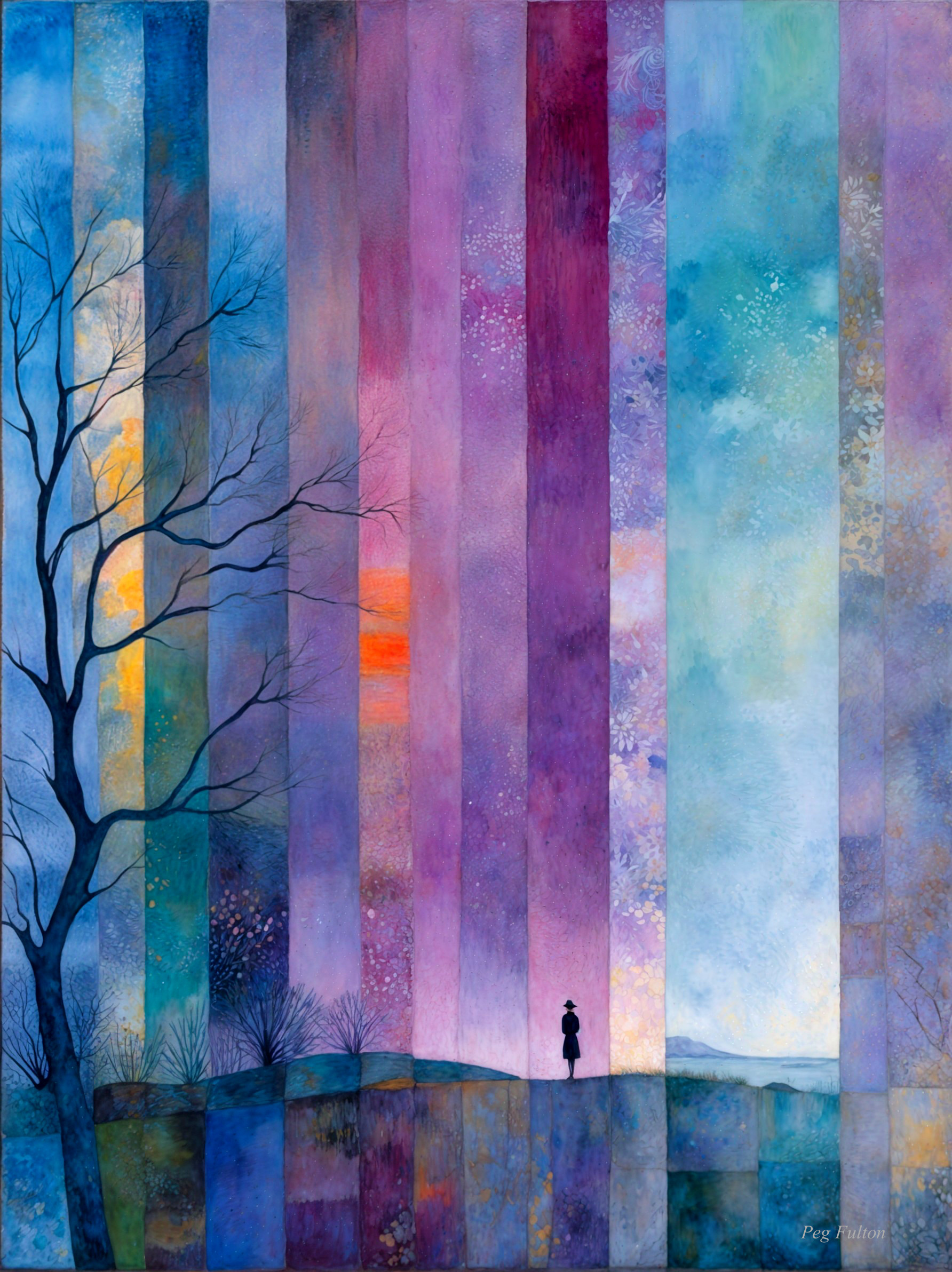 Vibrant Striped Landscape with Silhouetted Figure