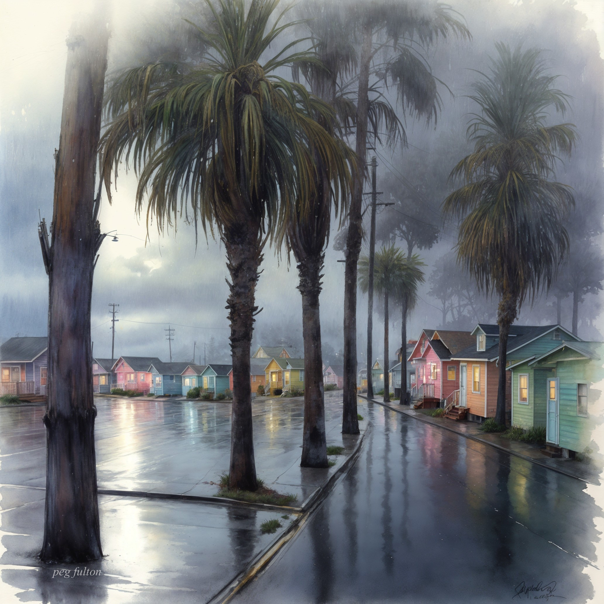 Watercolor Street Scene with Pastel Houses and Palm Trees