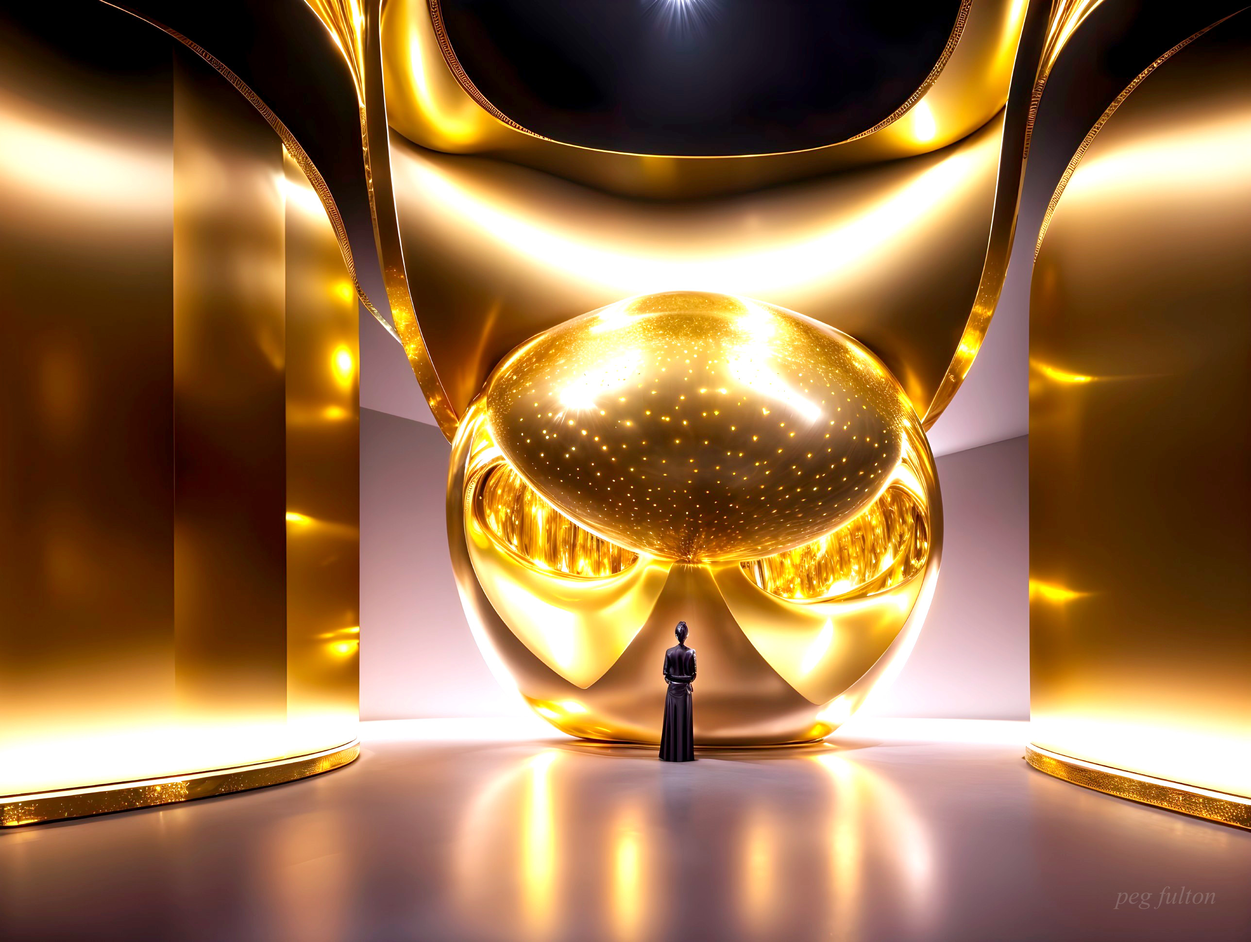 Futuristic gold-toned space with reflective orb and figure