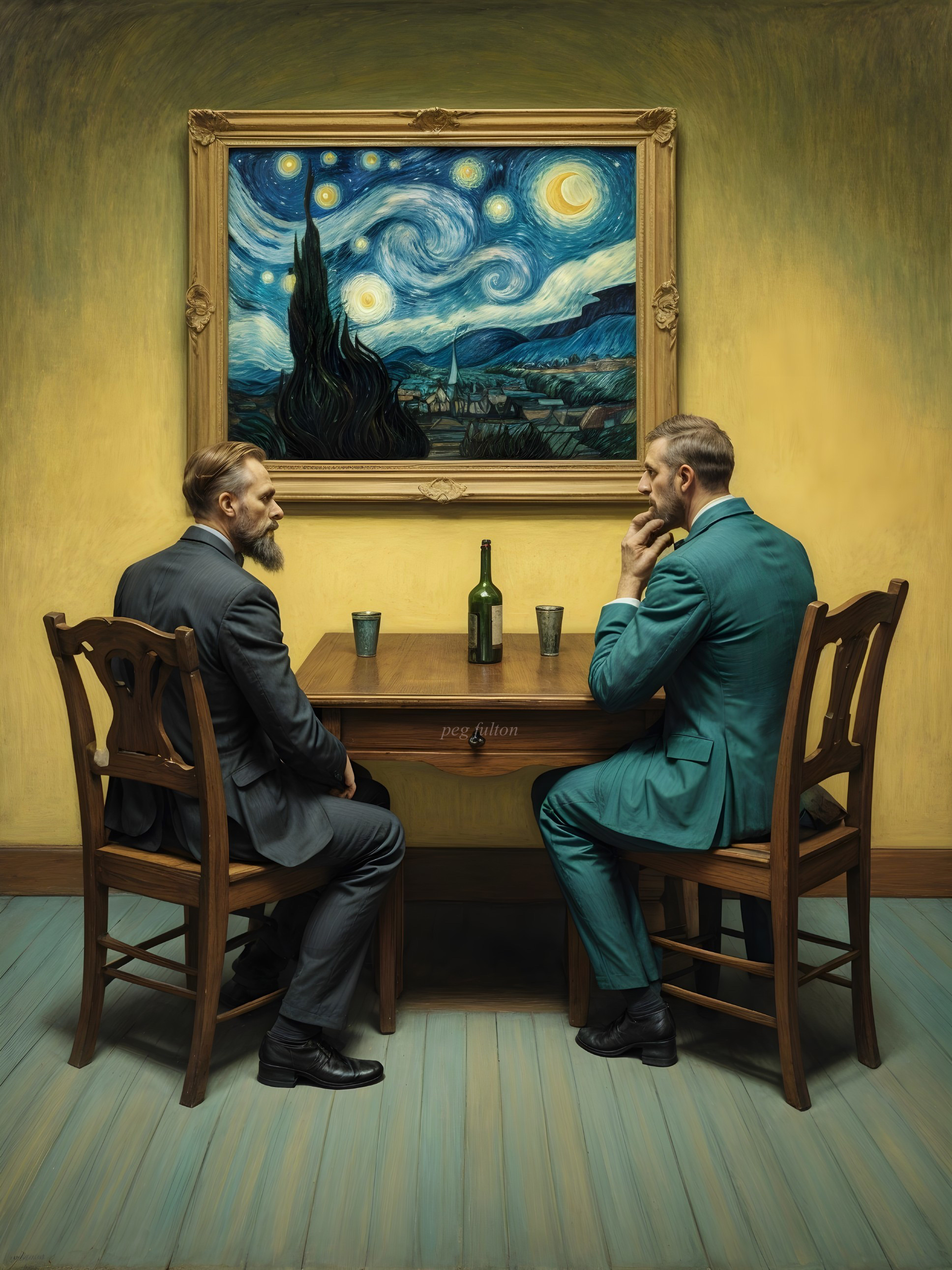 Men in Discussion with Wine in Cozy Room Setting