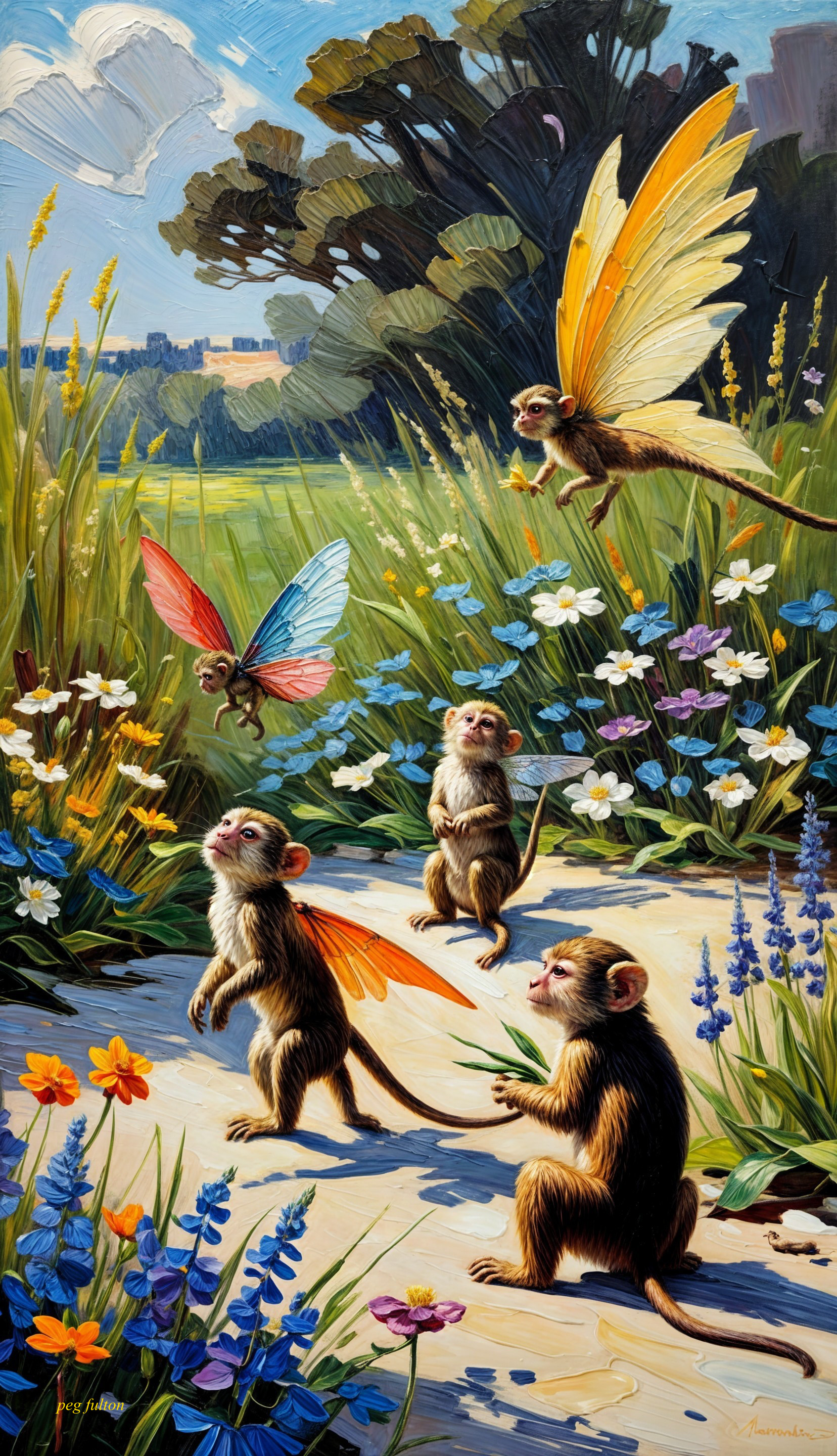 Whimsical monkeys with butterfly wings in a meadow