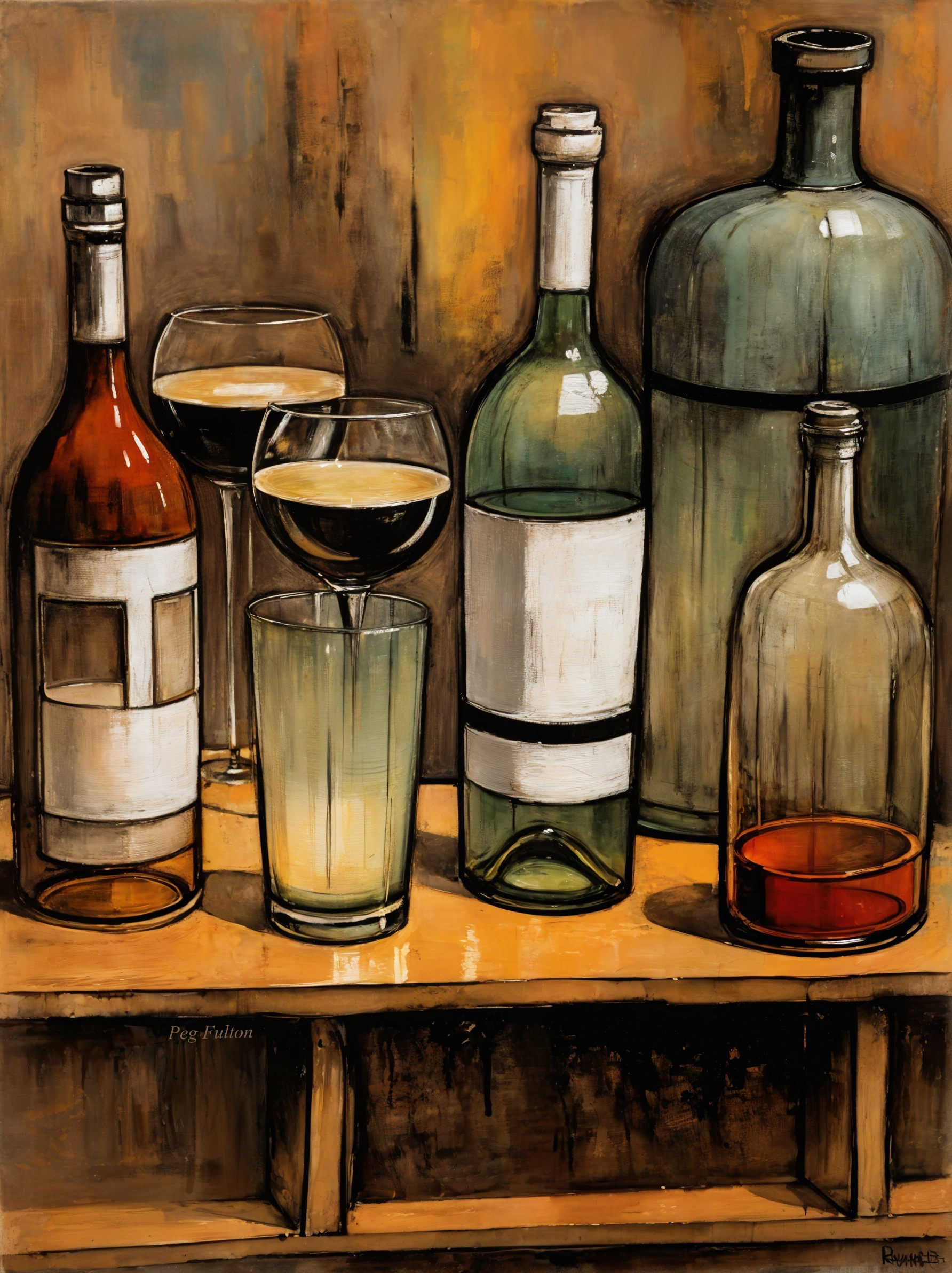 Still Life with Bottles and Glasses on Textured Background
