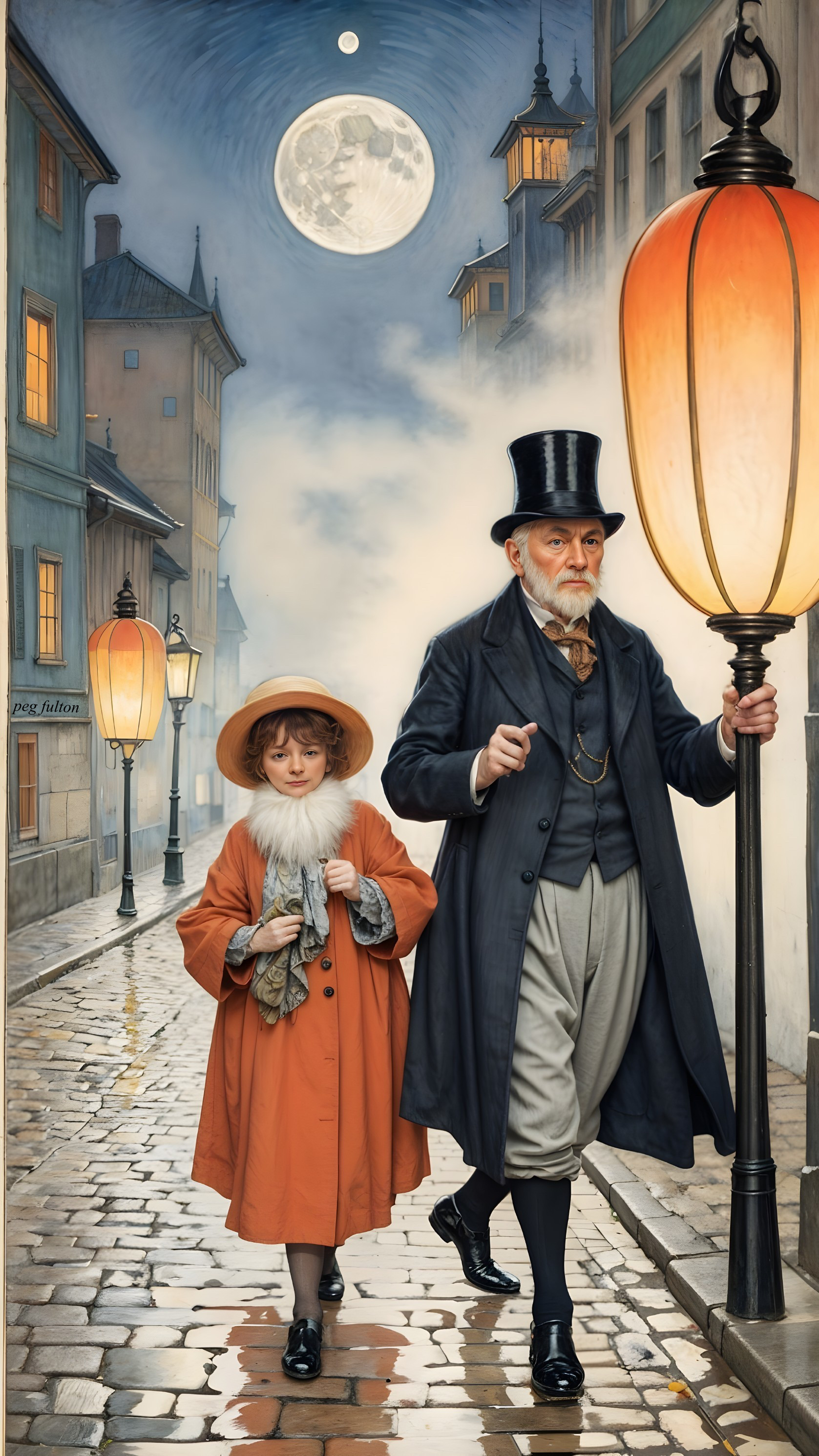 Nighttime Stroll on Cobblestone Street with Vintage Lamps