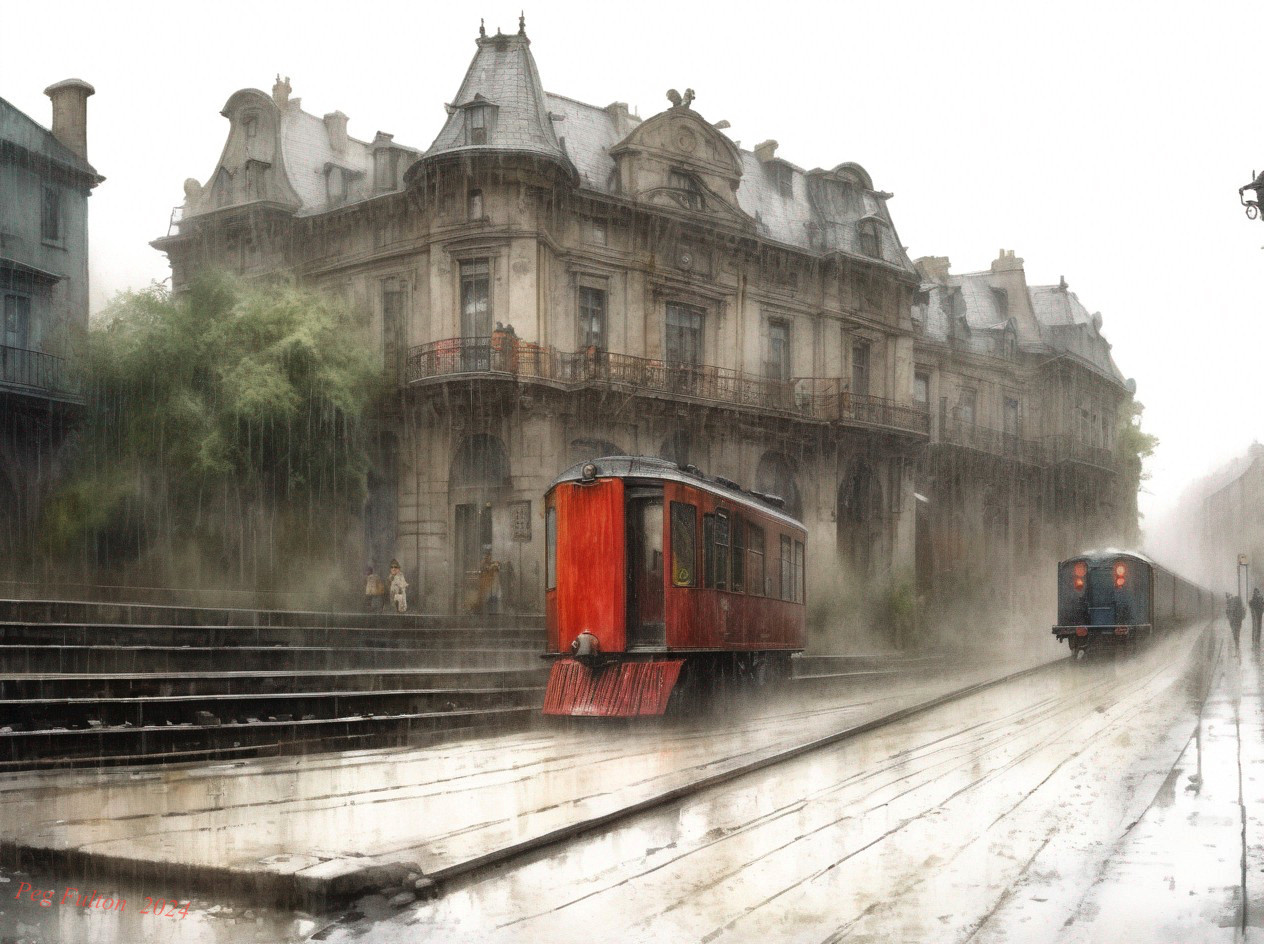 Vintage tram in misty cityscape with historic buildings