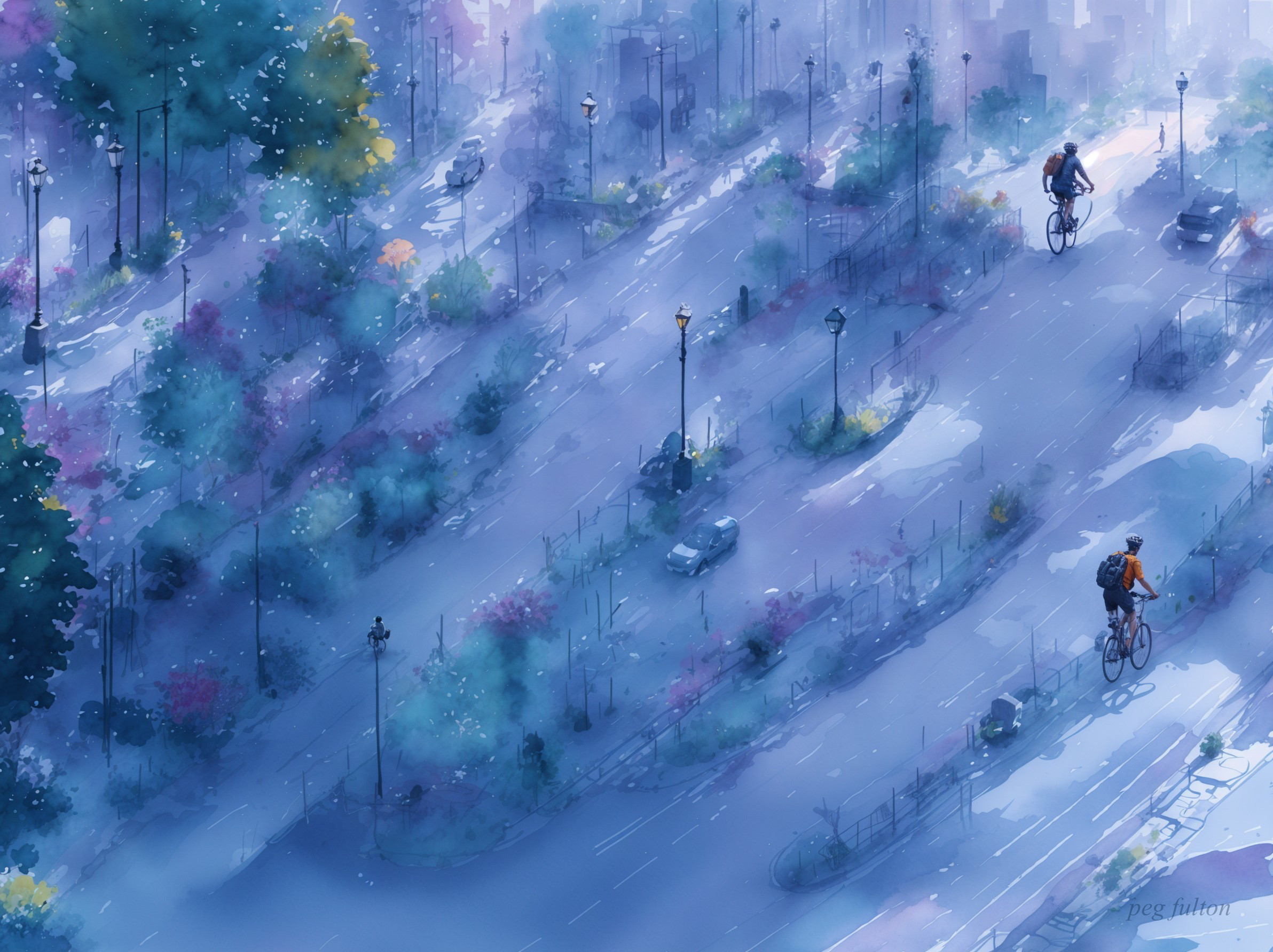 Serene Urban Landscape with Cyclists in Watercolor