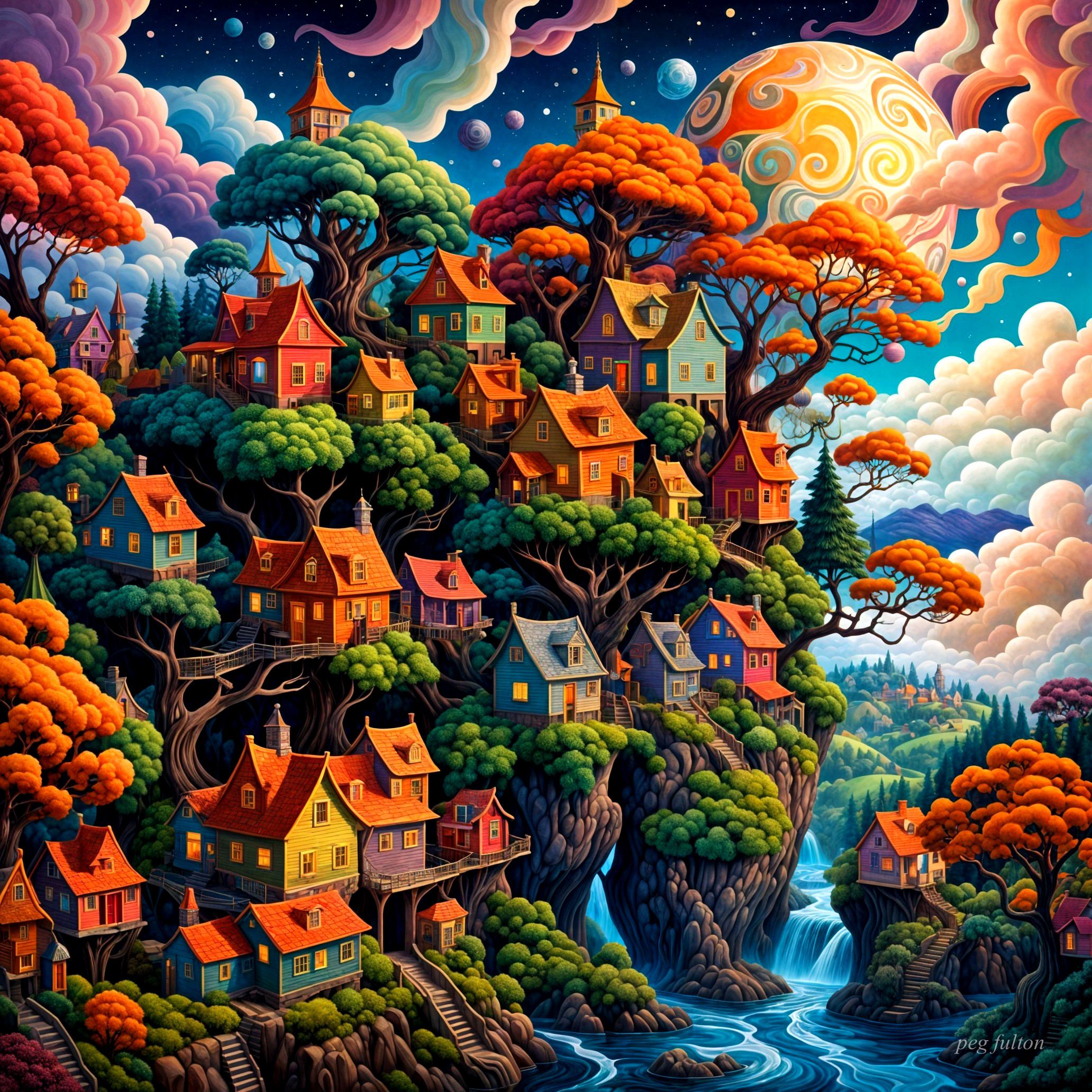 Colorful Houses on a Whimsical Hillside Landscape
