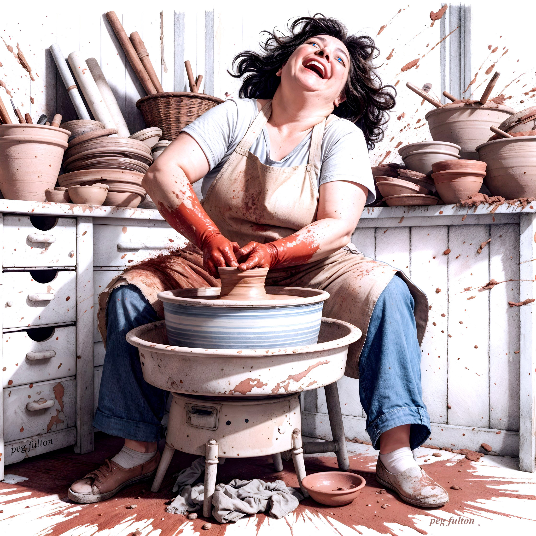 Joyful Potter Shaping Clay in Rustic Studio
