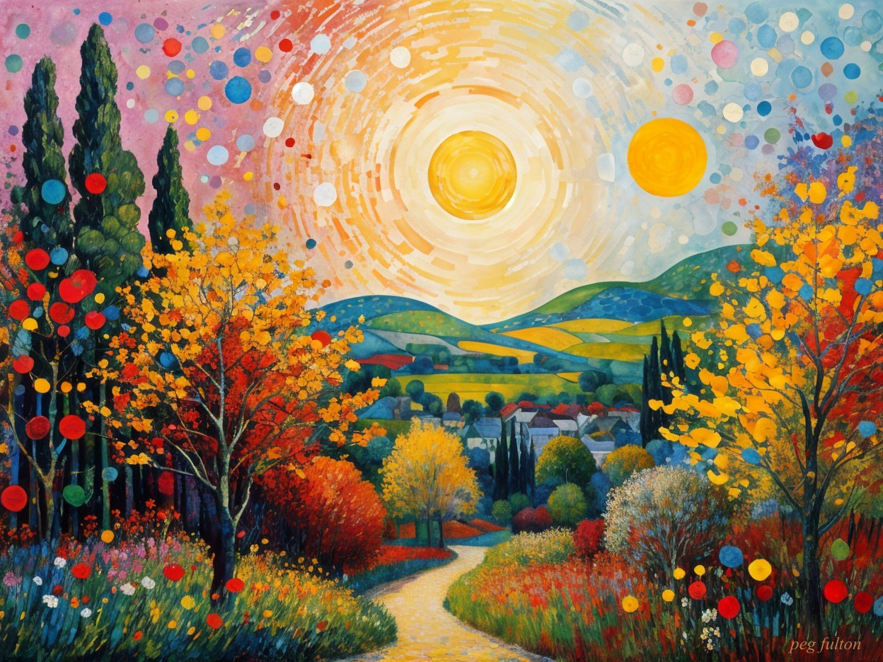 Vibrant landscape painting with bright suns and autumn trees