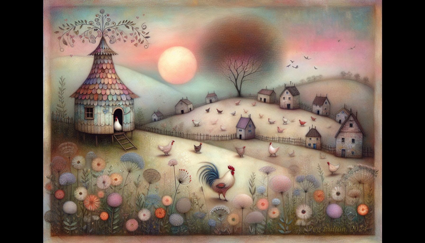 Whimsical Landscape with Cottage and Rooster