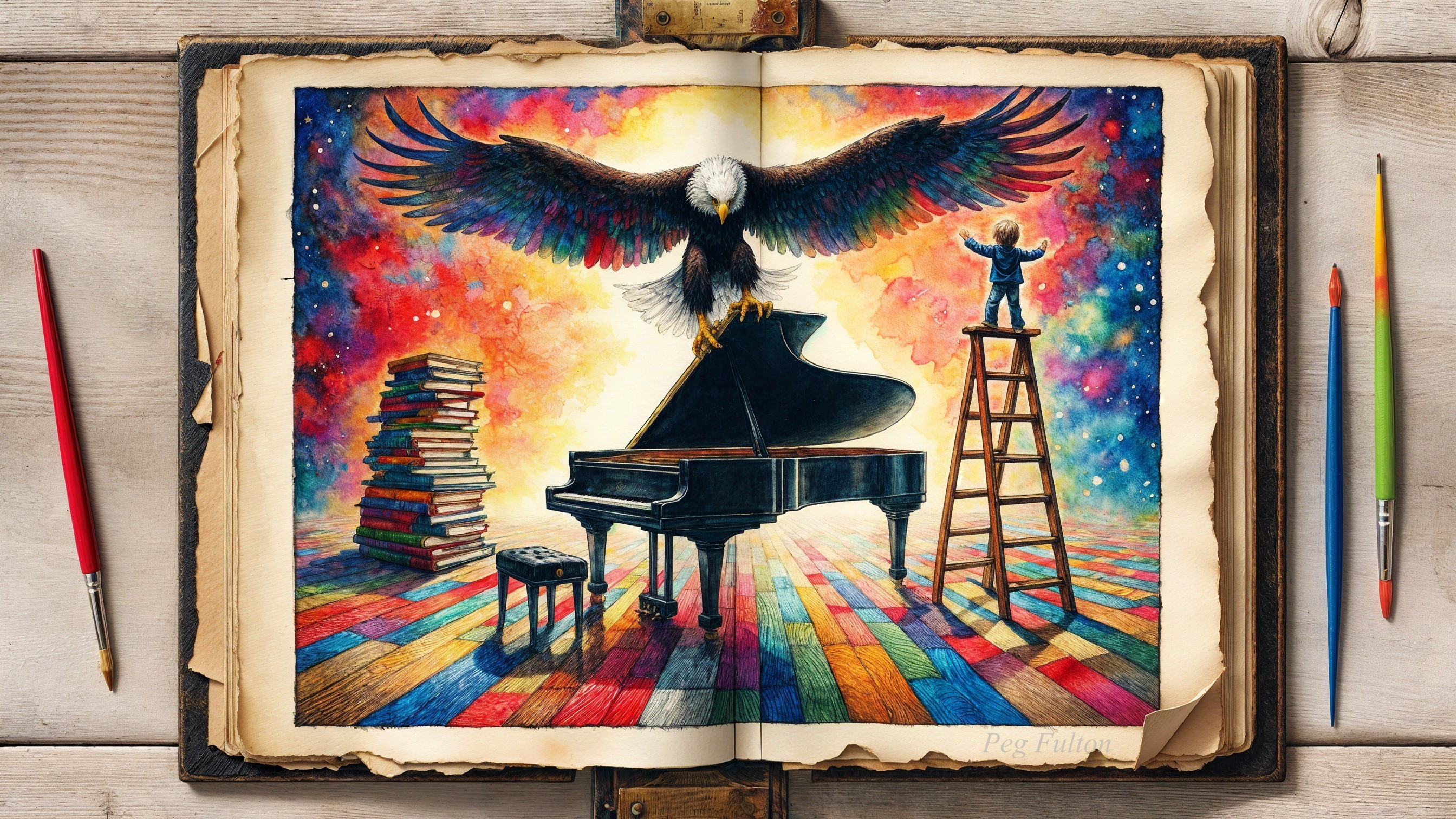 Colorful Illustration of a Piano in a Cosmic Setting