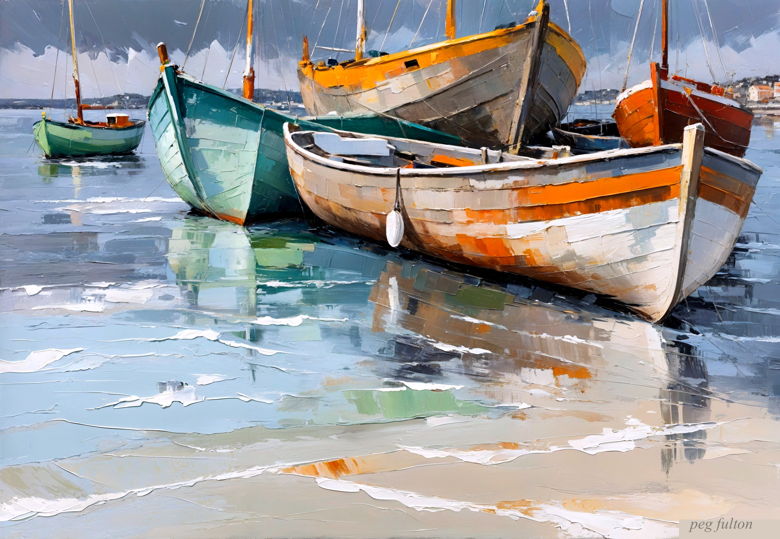Serene coastal scene with colorful boats in harbor